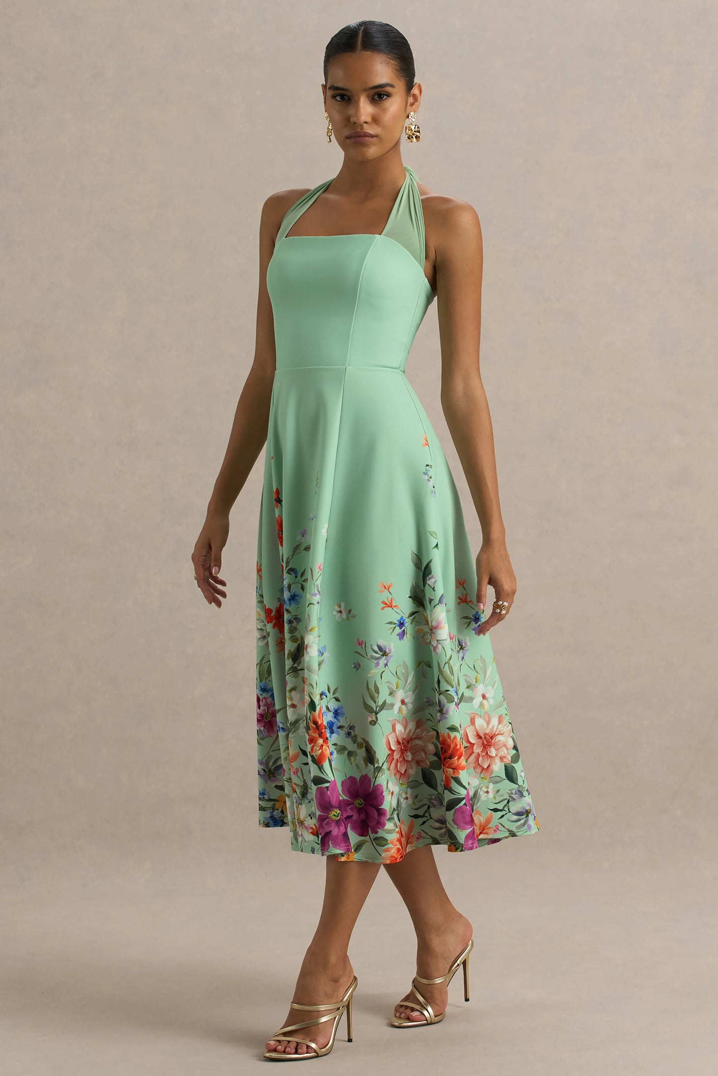 Auburn Mint Placement Floral Halter-Neck Midi Dress