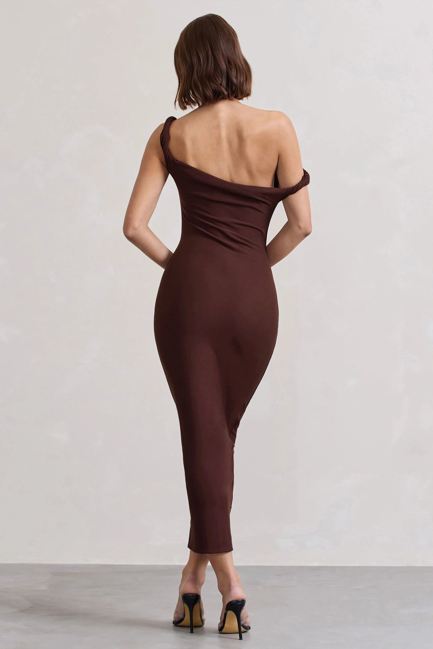 Salome Chocolate Brown Twisted Asymmetric Midi Dress
