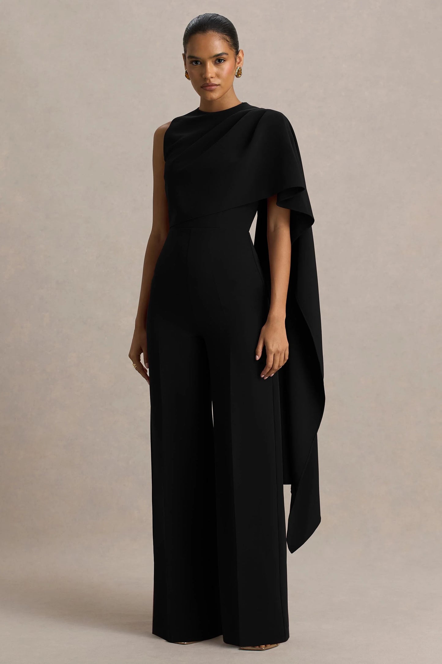 Sorenia Black High-Neck Jumpsuit With One-Cape Sleeve