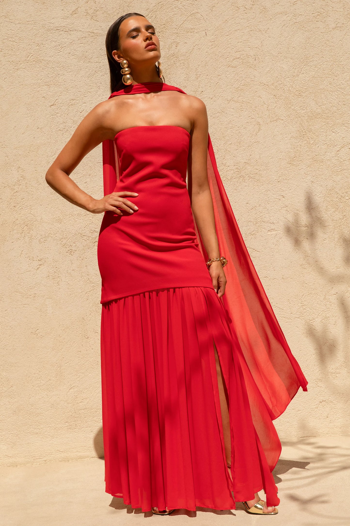 Kylie Red High-Neck Maxi Dress With Chiffon Skirt