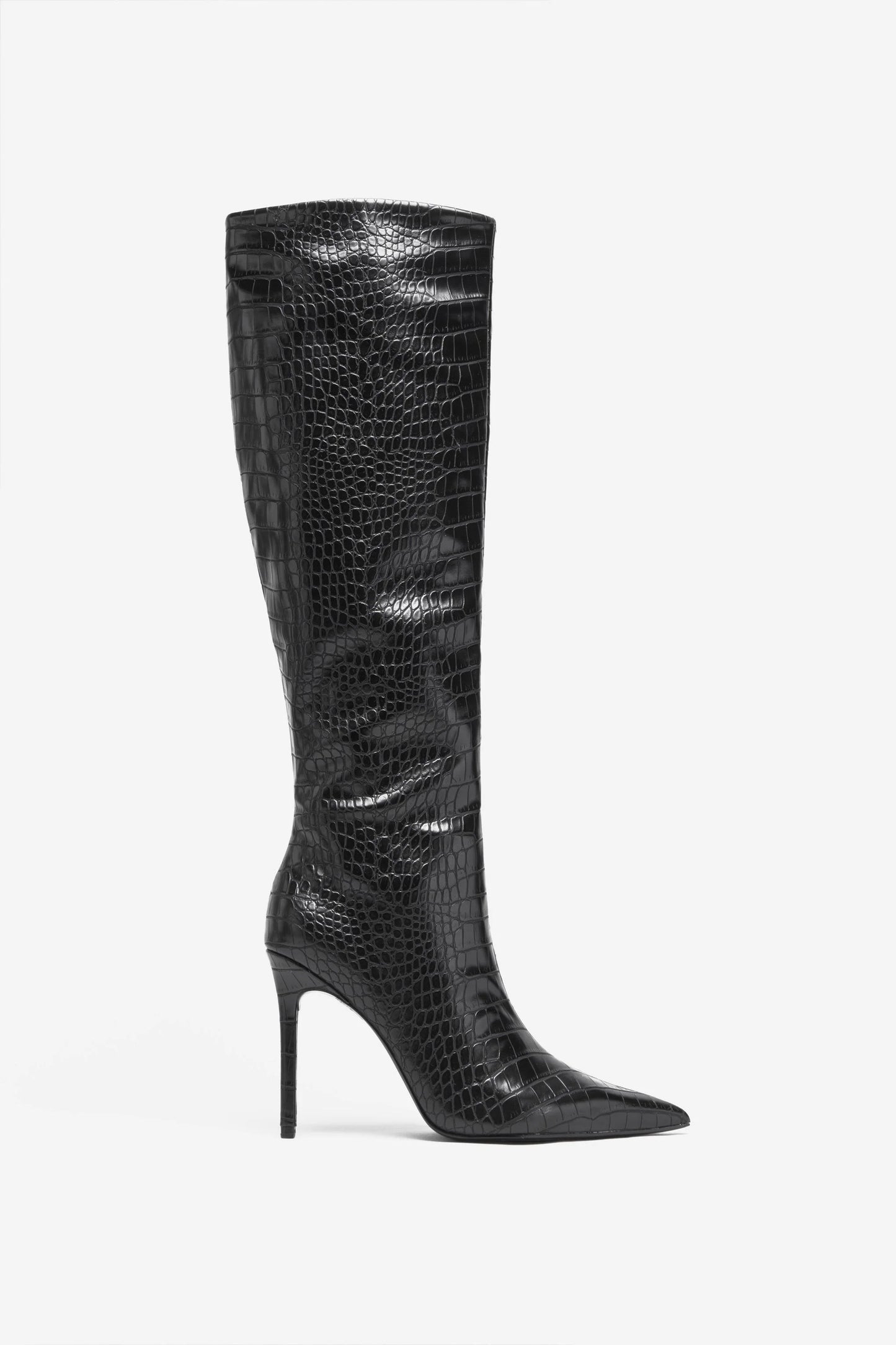 Uptown Black Croc Fitted Over-Knee Pointed Heeled Boots
