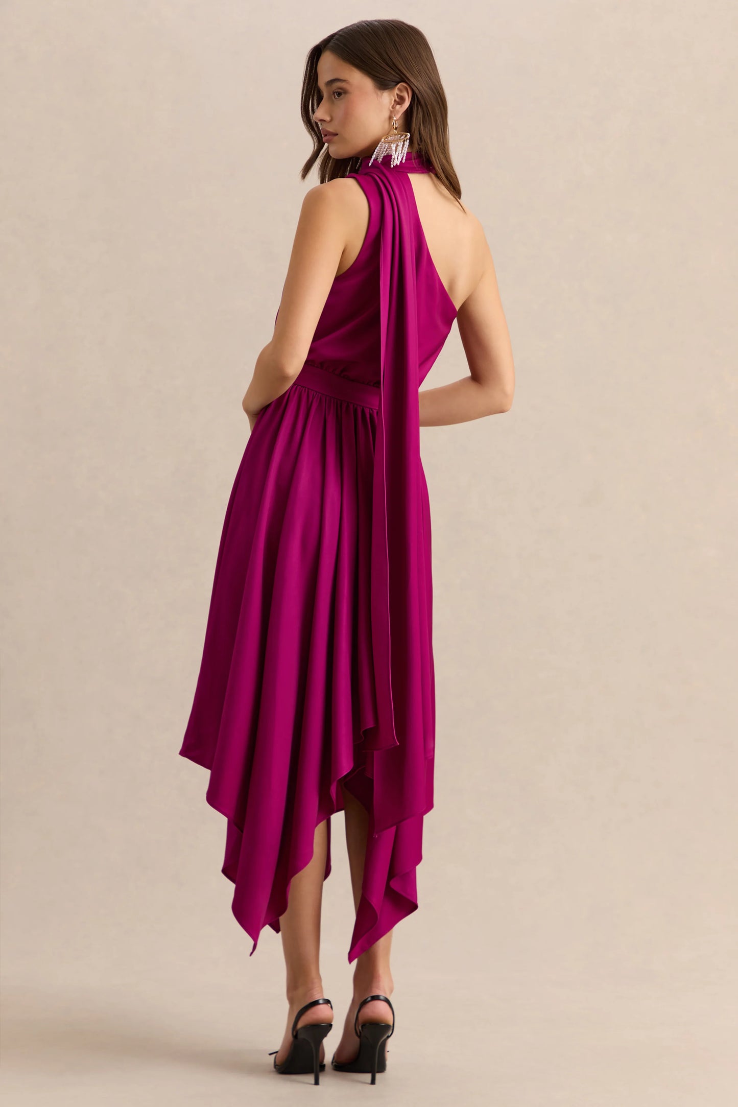 Caluna Hot Pink Satin Asymmetric-Neck Midi Dress With Scarf-Detail