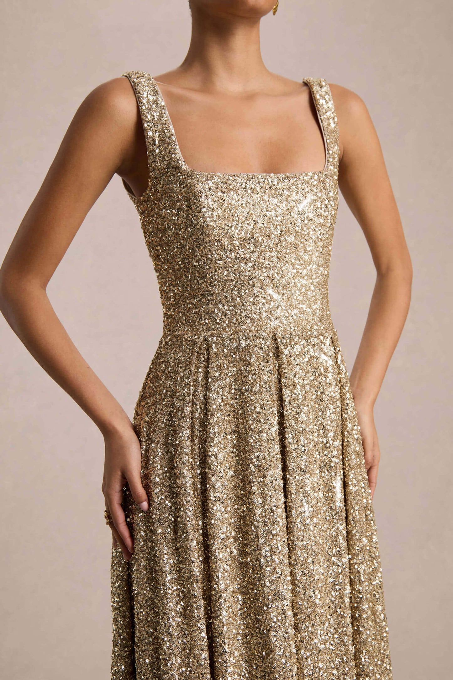 Lima Champagne Sequin Square-Neck A-Line Midi Dress
