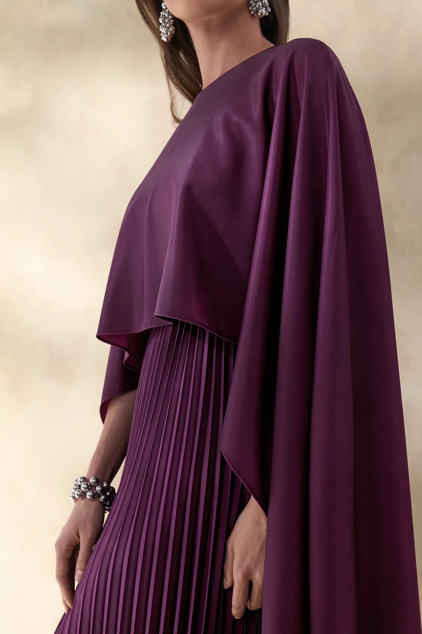 Loradia Dark Plum Satin Round-Neck Maxi Dress With Cape-Sleeves And Pleated-Skirt