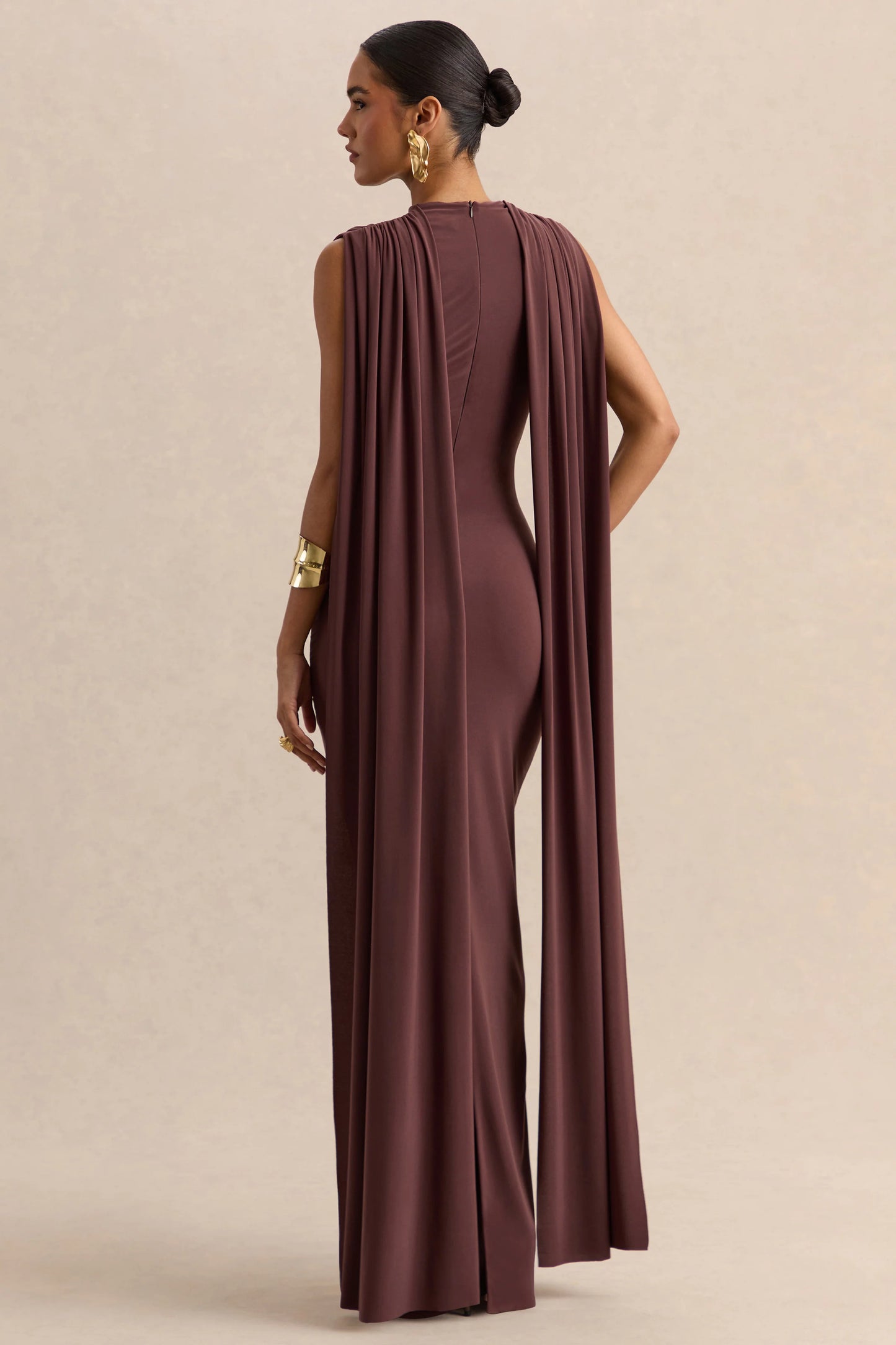 Patrina Brown High-Neck Maxi Dress With Draped-Detailing And Cape-Sleeves
