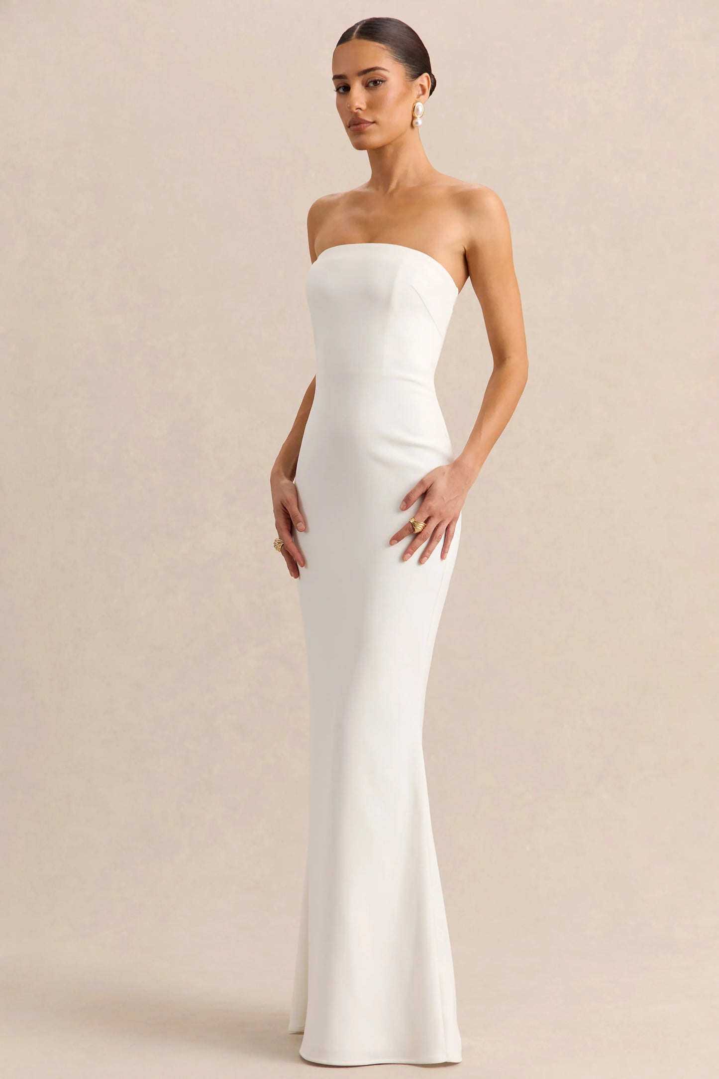 Alina White Bandeau Maxi-Dress With Cape