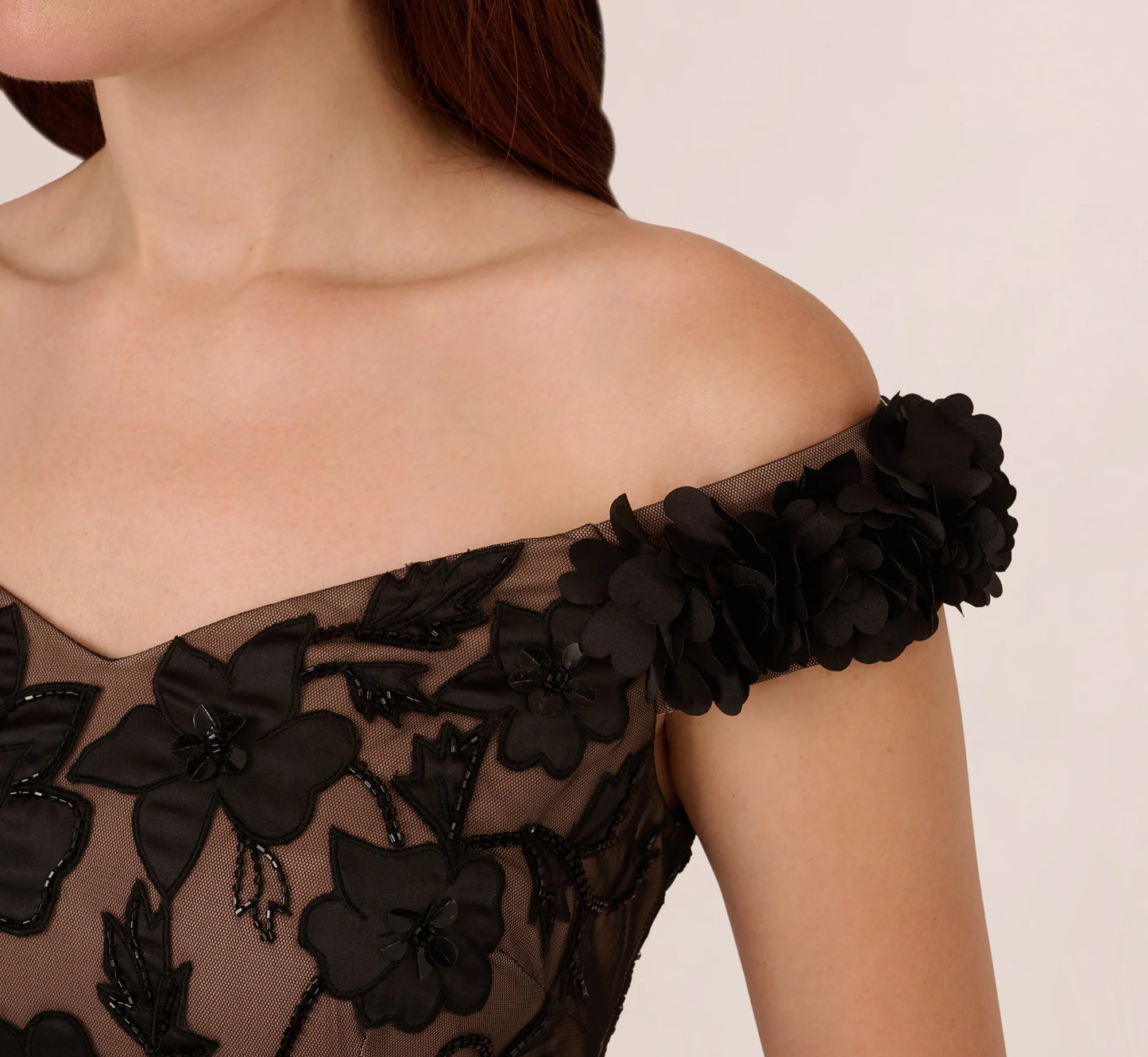 Off The Shoulder Beaded Column Gown With Rosette Accents In Black Rosegold