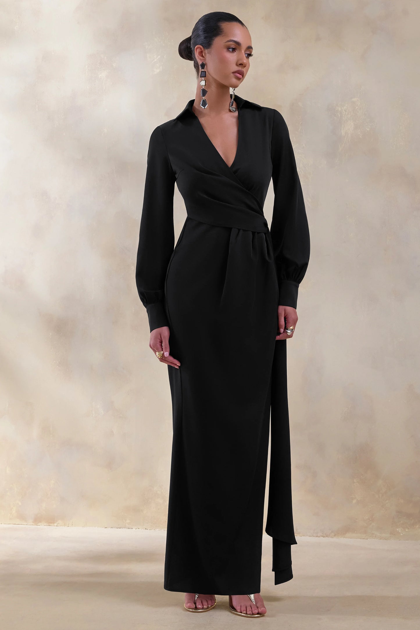 Vita Black Plunge-Neck Wrap Maxi Dress
