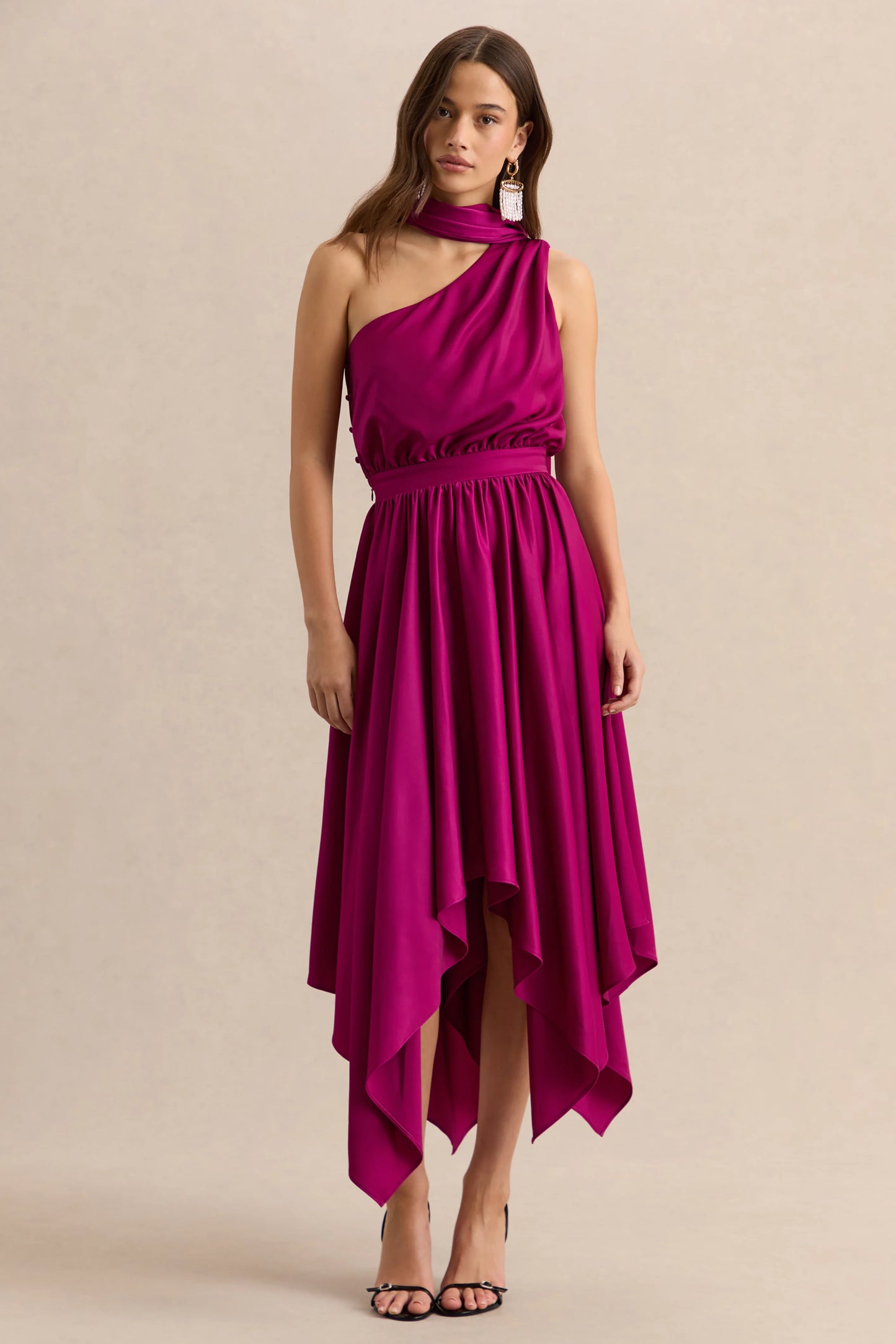 Caluna Hot Pink Satin Asymmetric-Neck Midi Dress With Scarf-Detail
