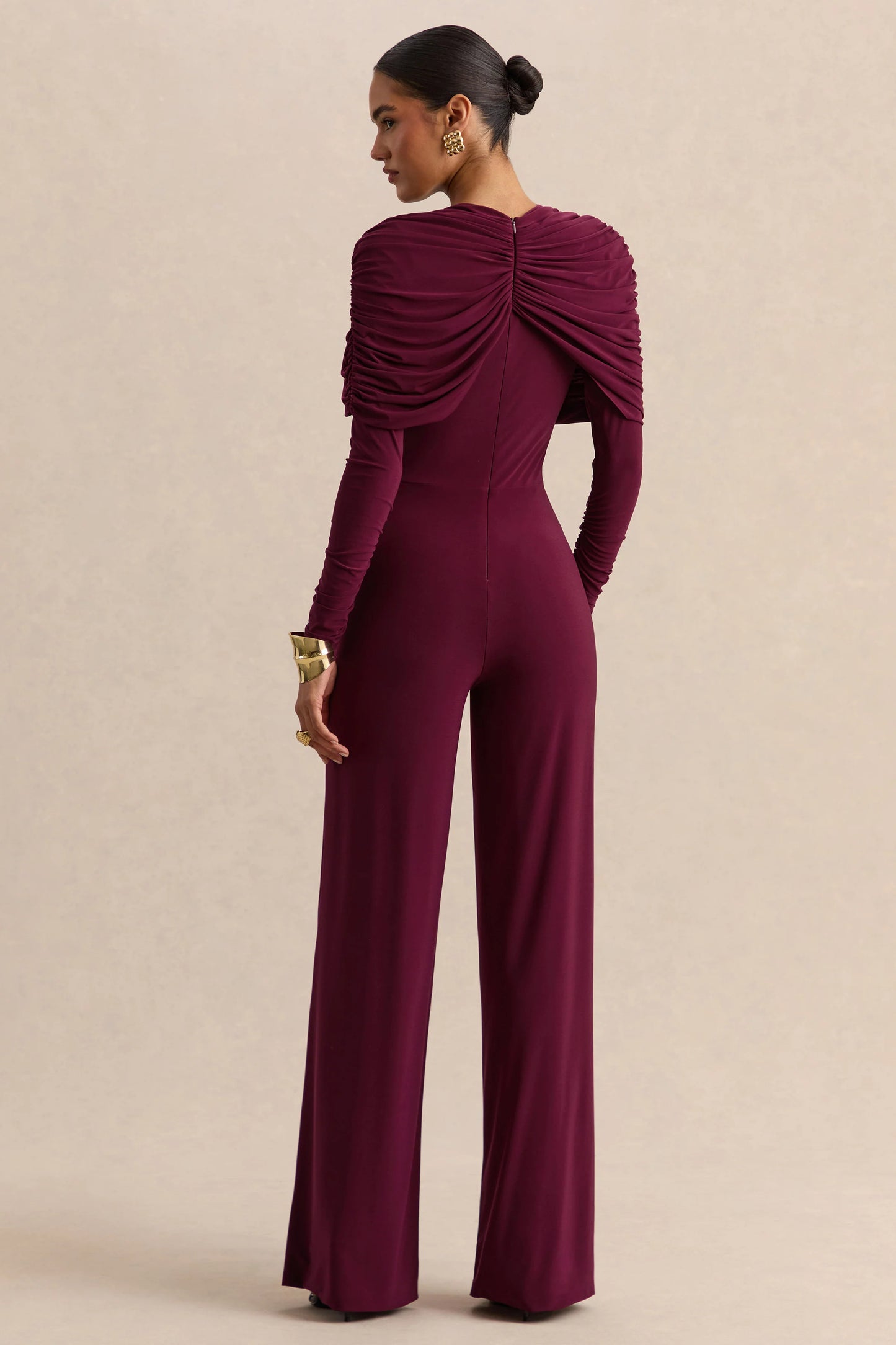 Eloura Burgundy High-Neck Jumpsuit With Twist-Gathered Detail