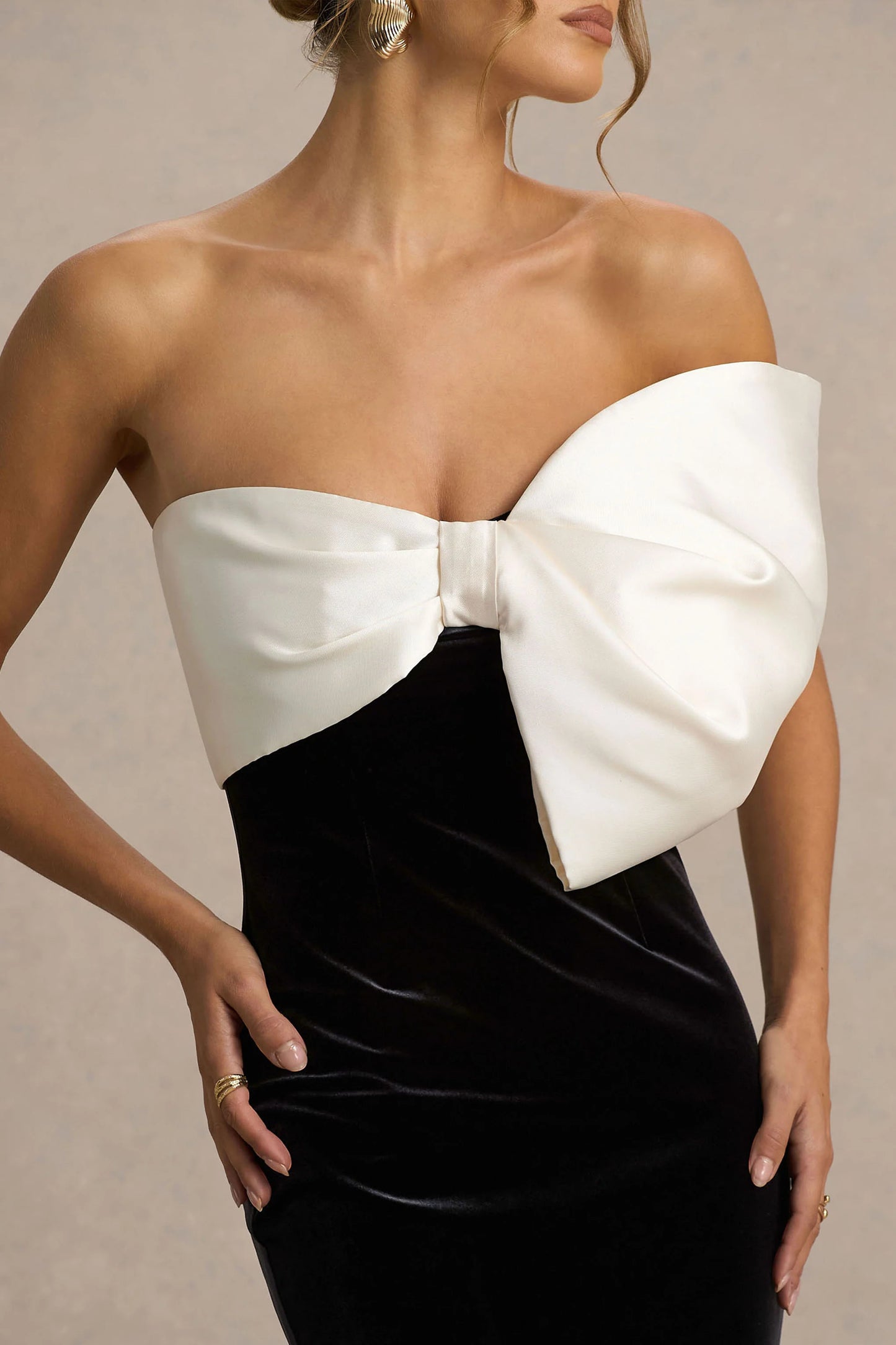 Divulge Black And White Velvet Asymmetric-Neck Maxi Dress With Bow Detail