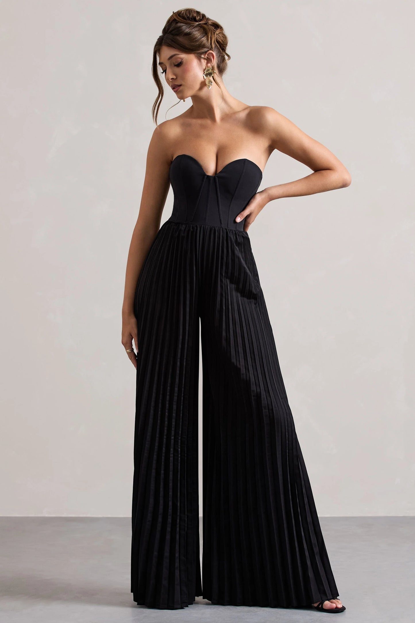 Lorelai Black Corset Plisse Wide-Leg Jumpsuit