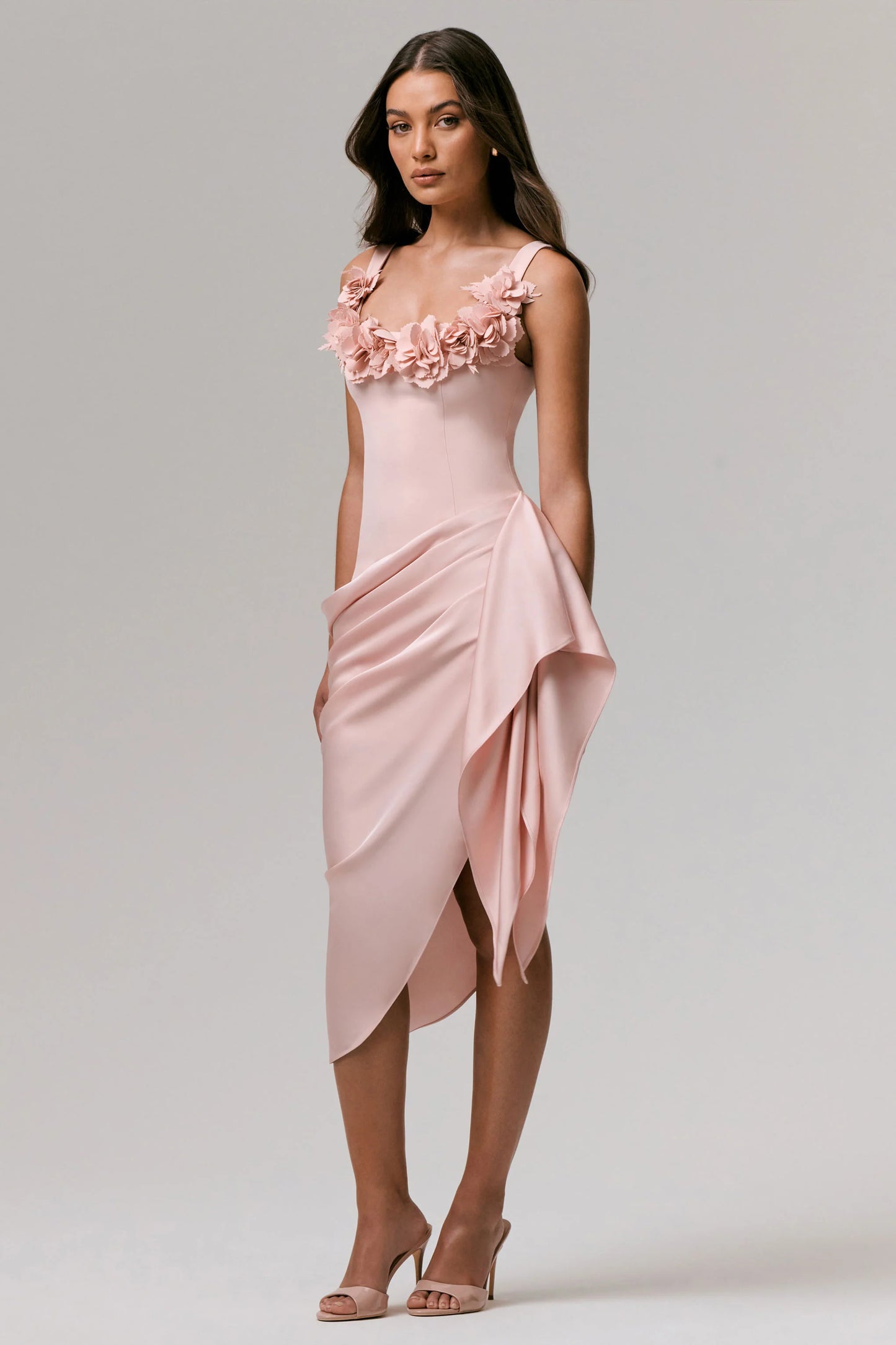 Letitia Pale Pink Square-Neck Floral Detailed Wrap Midi Dress