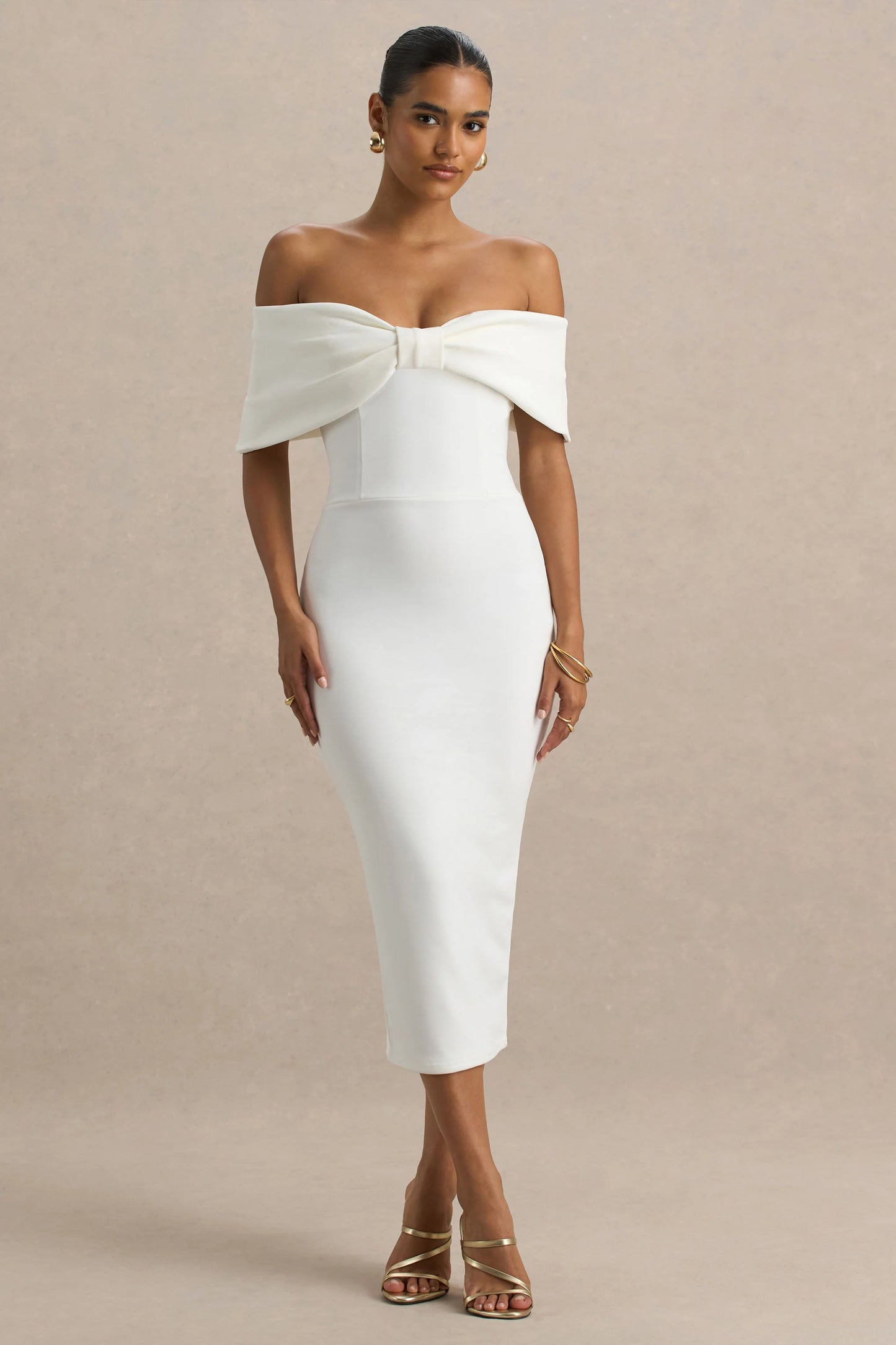 Bayshore White Bow Bardot Midi Dress