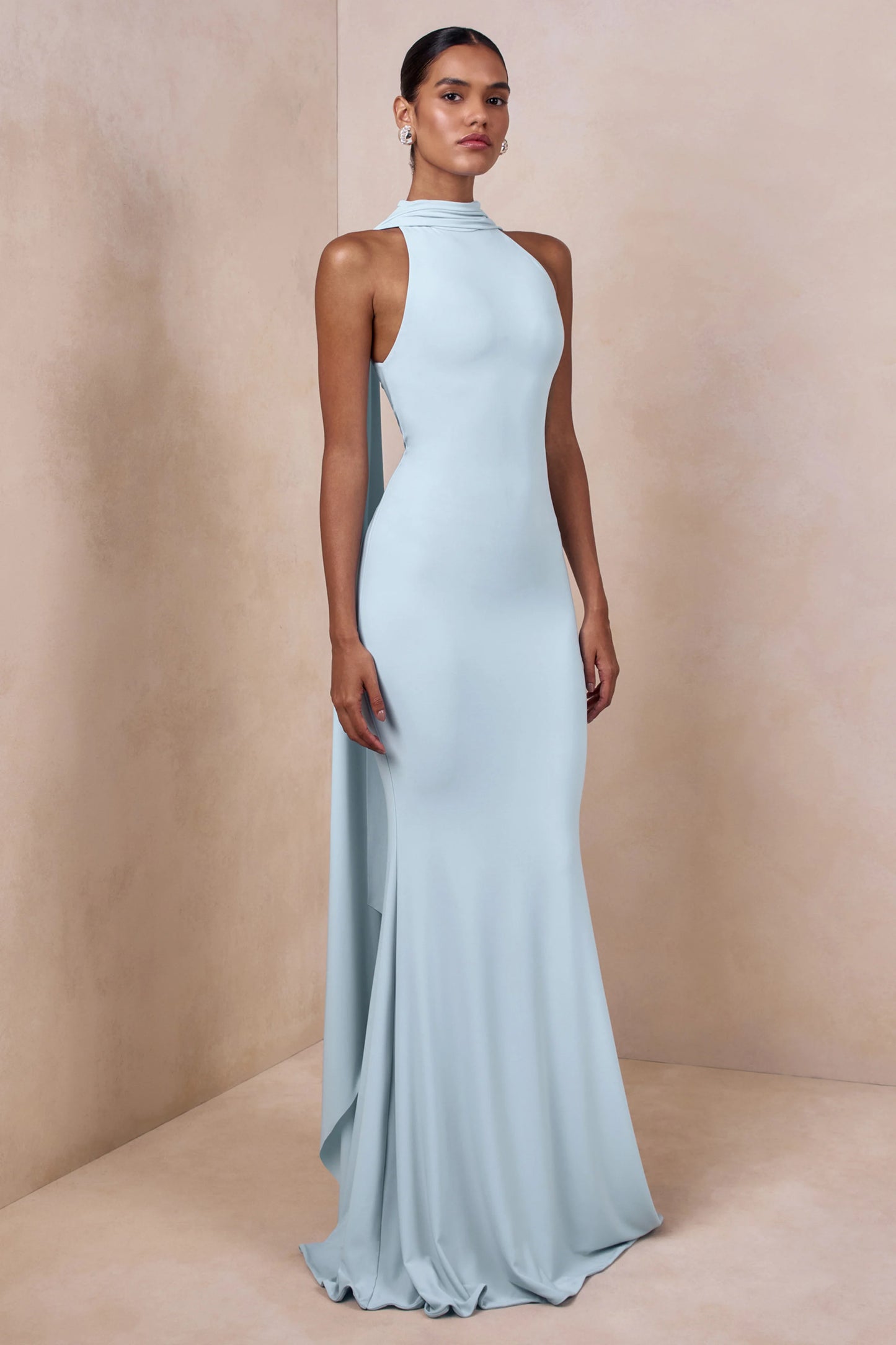 Cordy Powder Blue High-Neck Maxi Dress With Cape