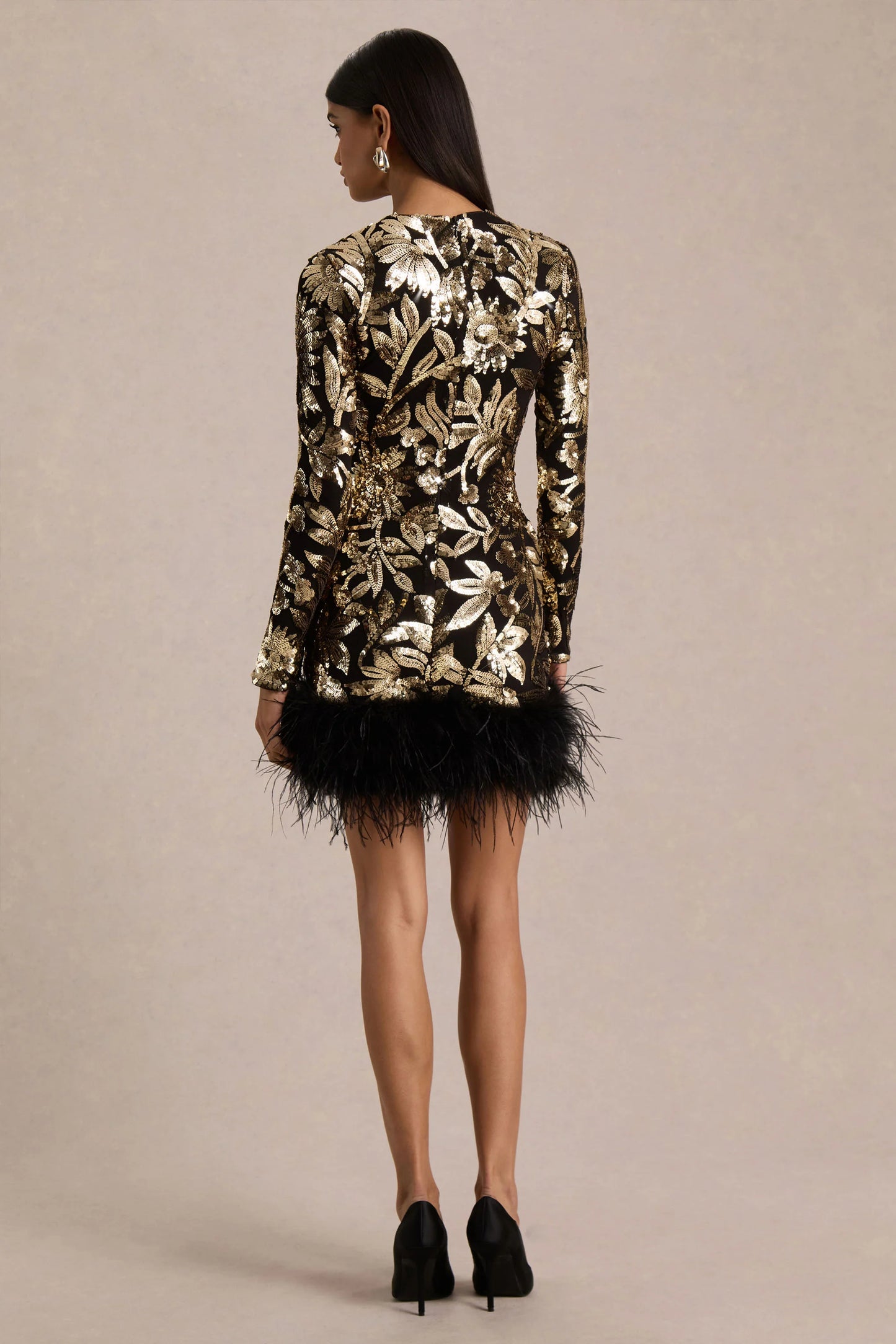 Lara Black Velvet And Gold Embellished Sequin High-Neck Mini Dress With Feather Trim
