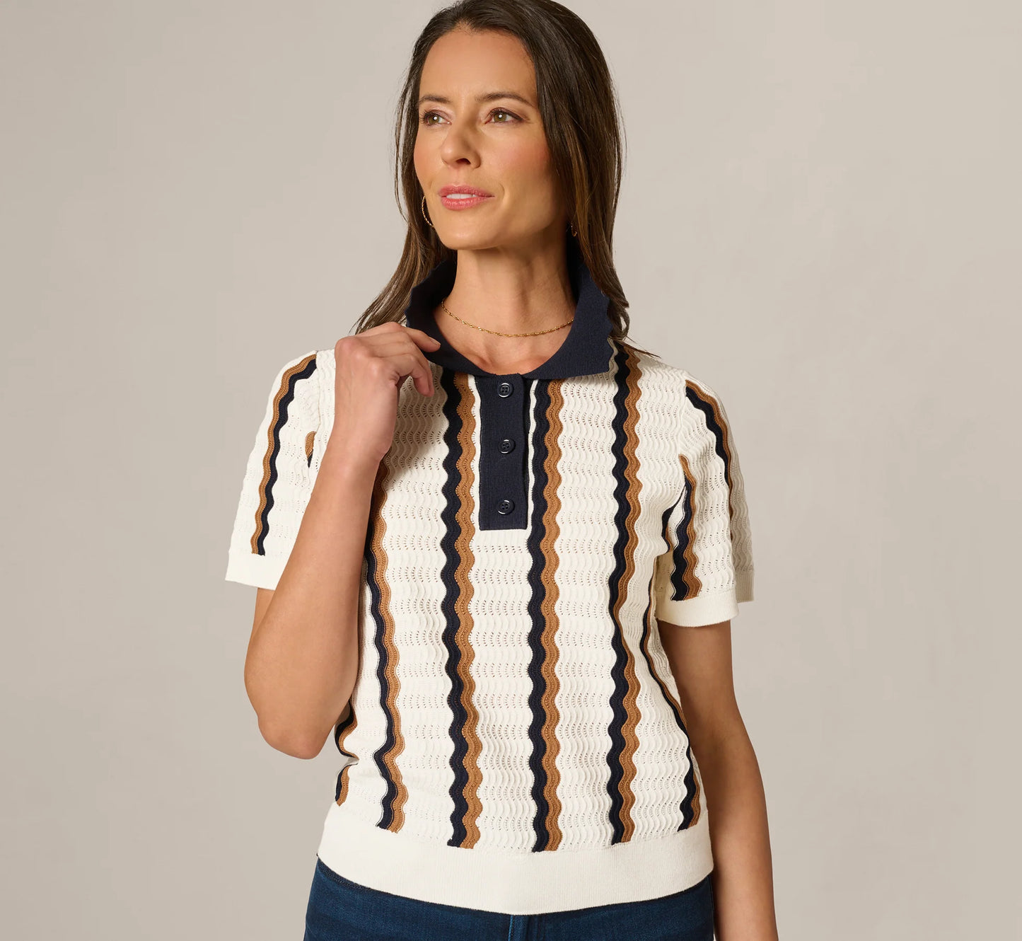 Open Knit Pointelle Scalloped Polo Sweater In Ivory Navy Camel