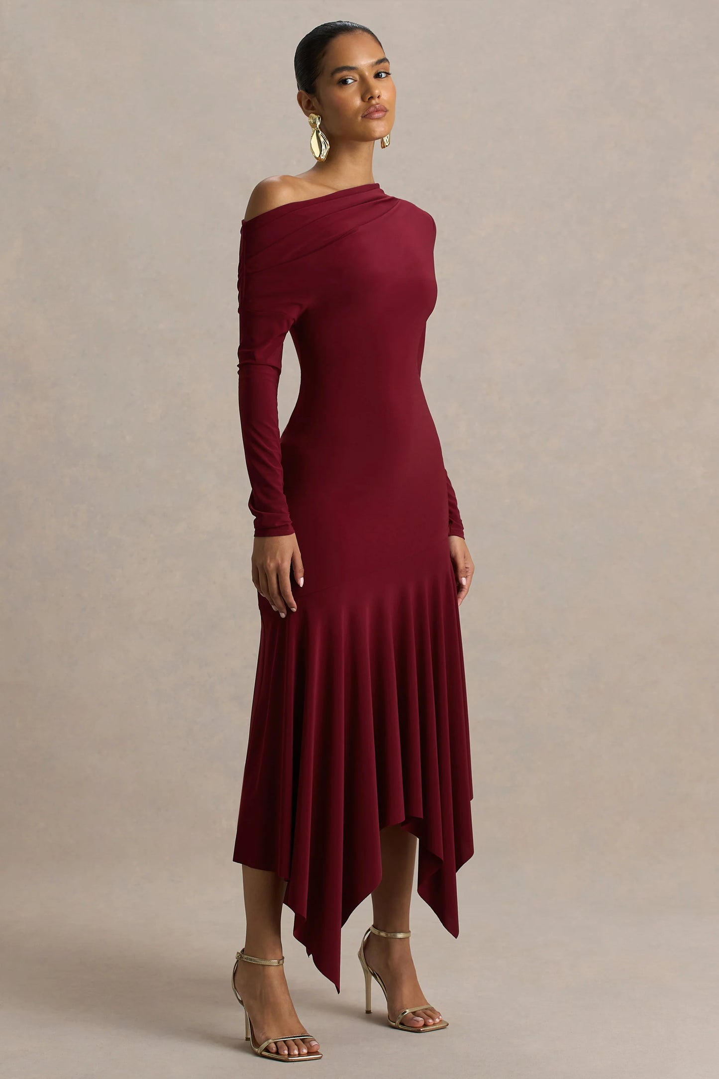 Isola Burgundy Asymmetric-Neck Midi Dress With Hanky-Hem