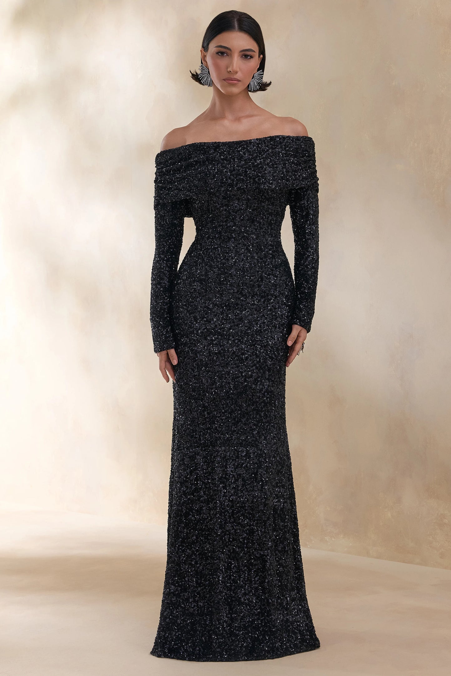 Obsession Black Sequin Bardot-Neck Maxi Dress With Long Sleeves