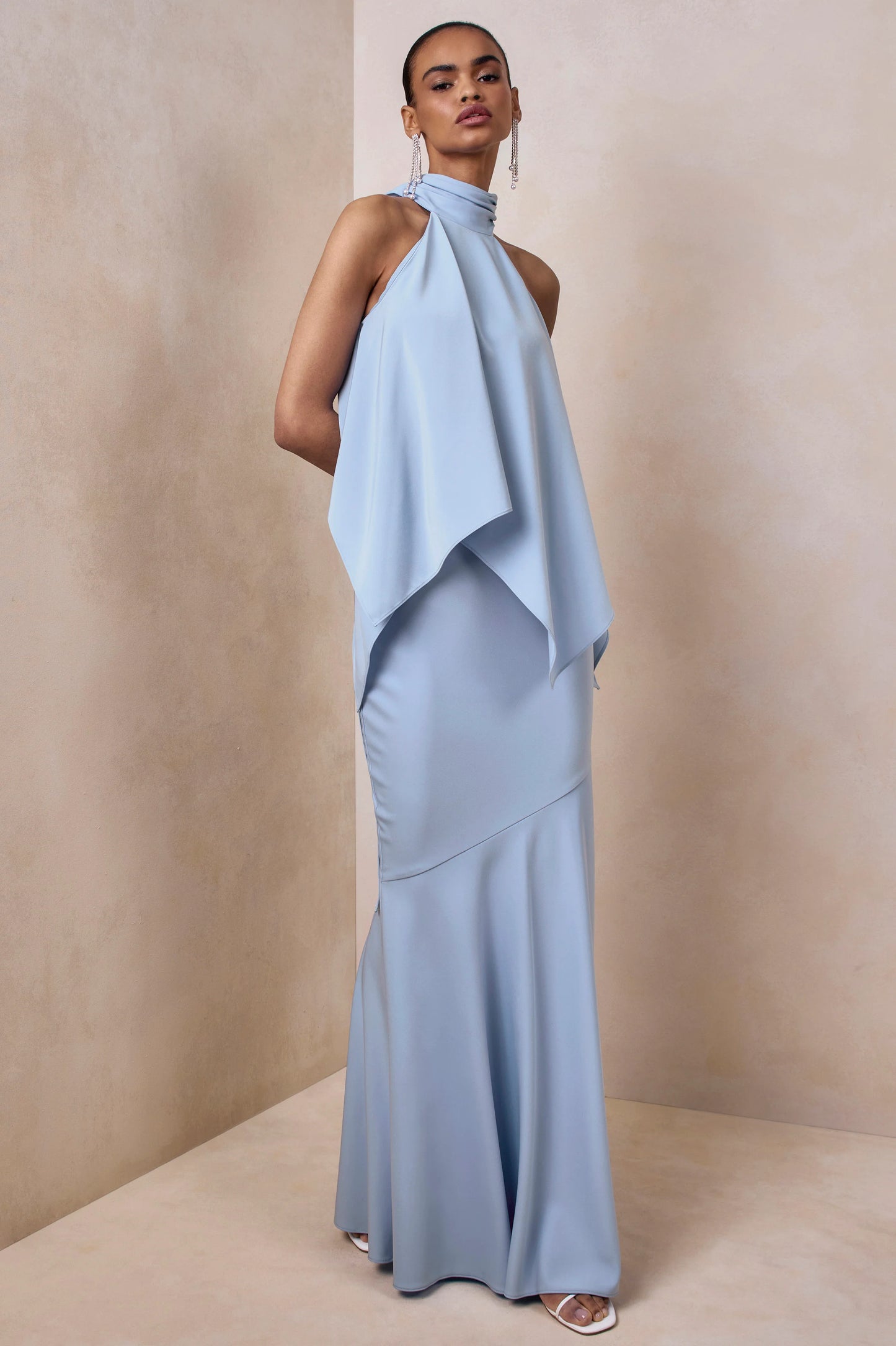 Vayla Powder Blue Matte Satin Asymmetric Drop-Waist Maxi Skirt