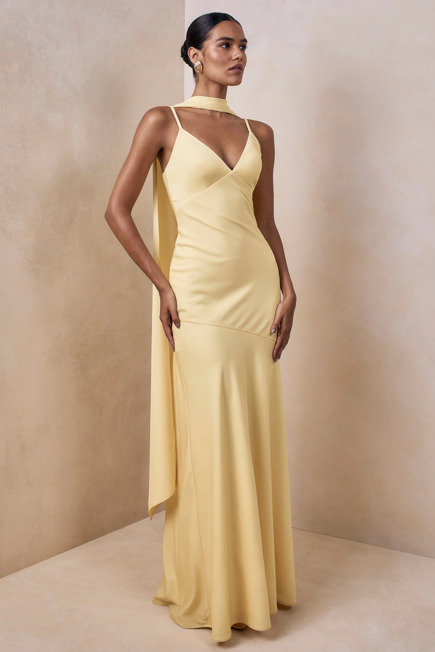 Starling Lemon Matte Satin Plunge-Neck Maxi Dress With Scarf-Detail