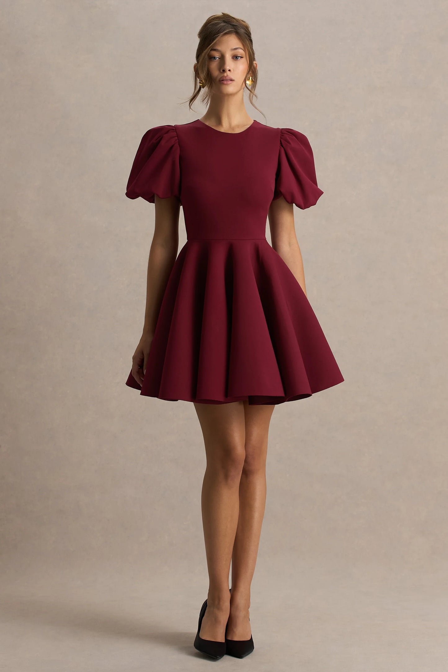 Emelia Burgundy Puff-Sleeve Skater Mini Dress
