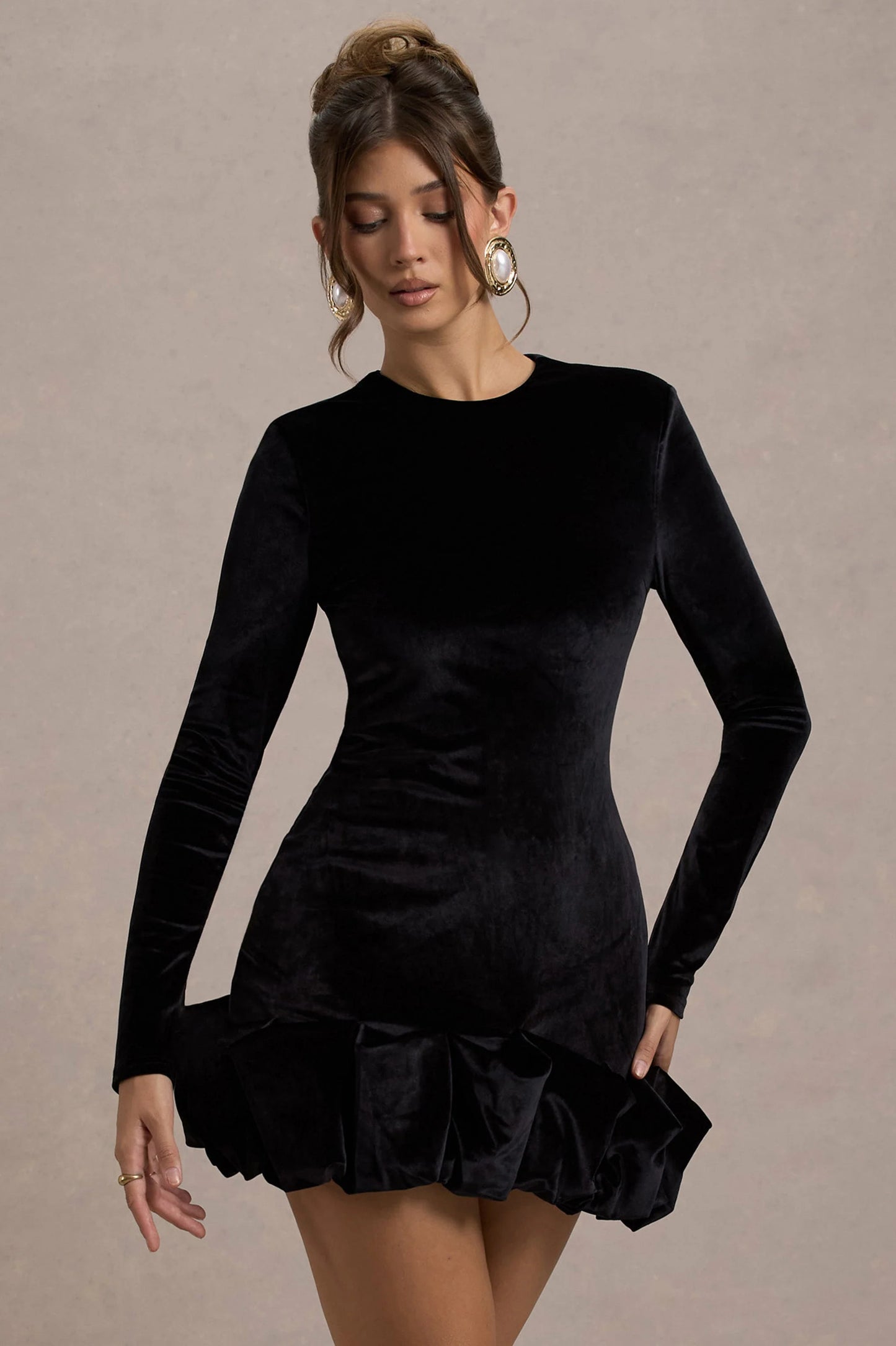 Claudine Black Velvet Long-Sleeved Ruffled Mini Dress