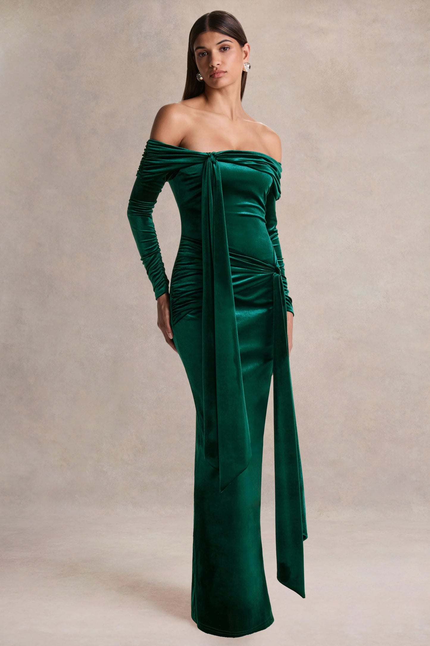 Jessara Bottle Green Bardot-Neck Maxi Dress With Knot-Details