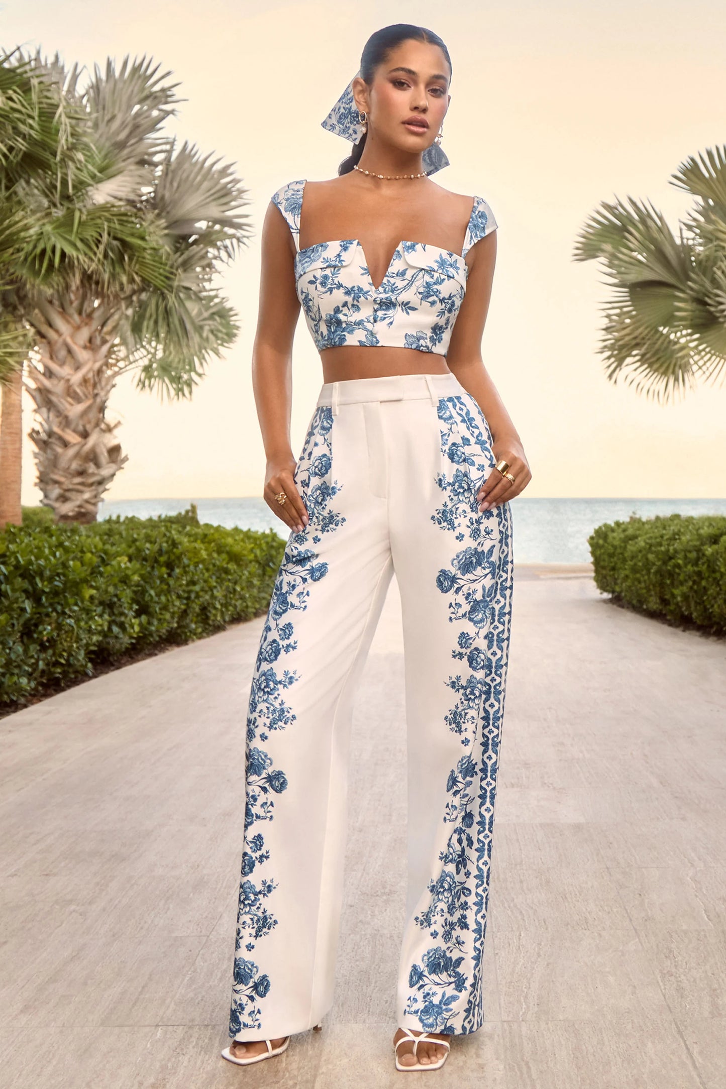 Zelie Blue Porcelain Print Wide-Leg Trousers