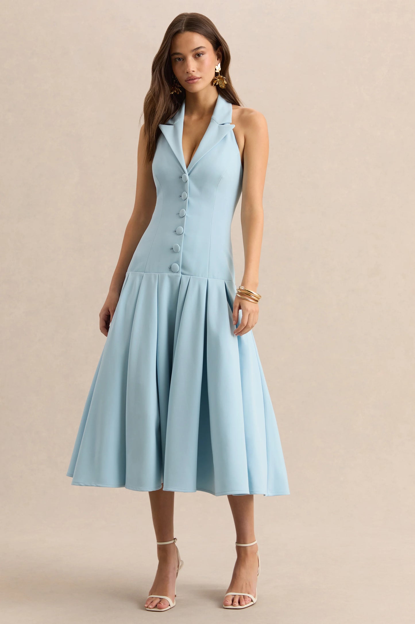 Elise Powder Blue Plunge-Neck Midi Dress With Drop-Waist
