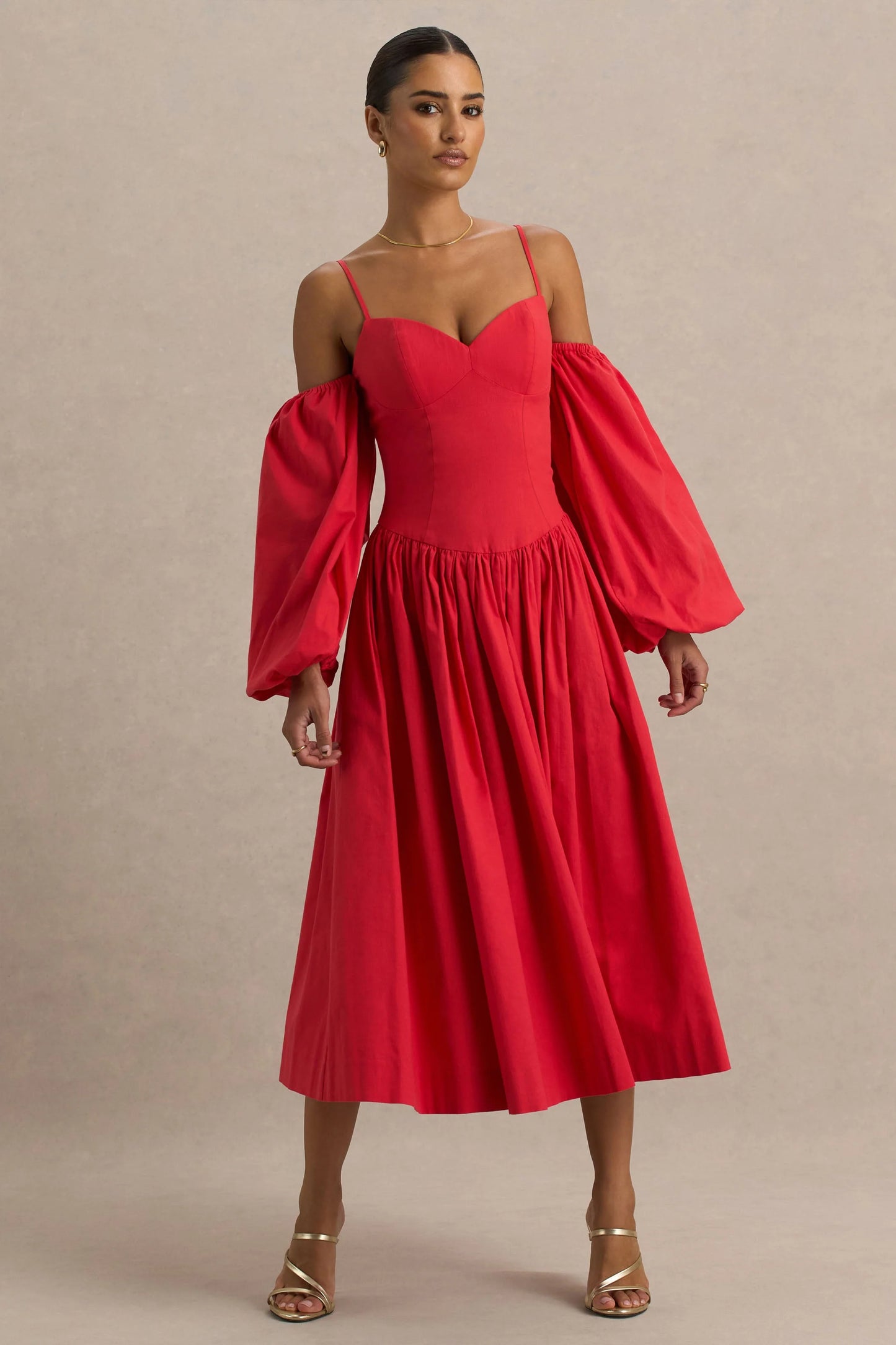 Macie Red Sweetheart Midi Dress With Balloon Sleeves
