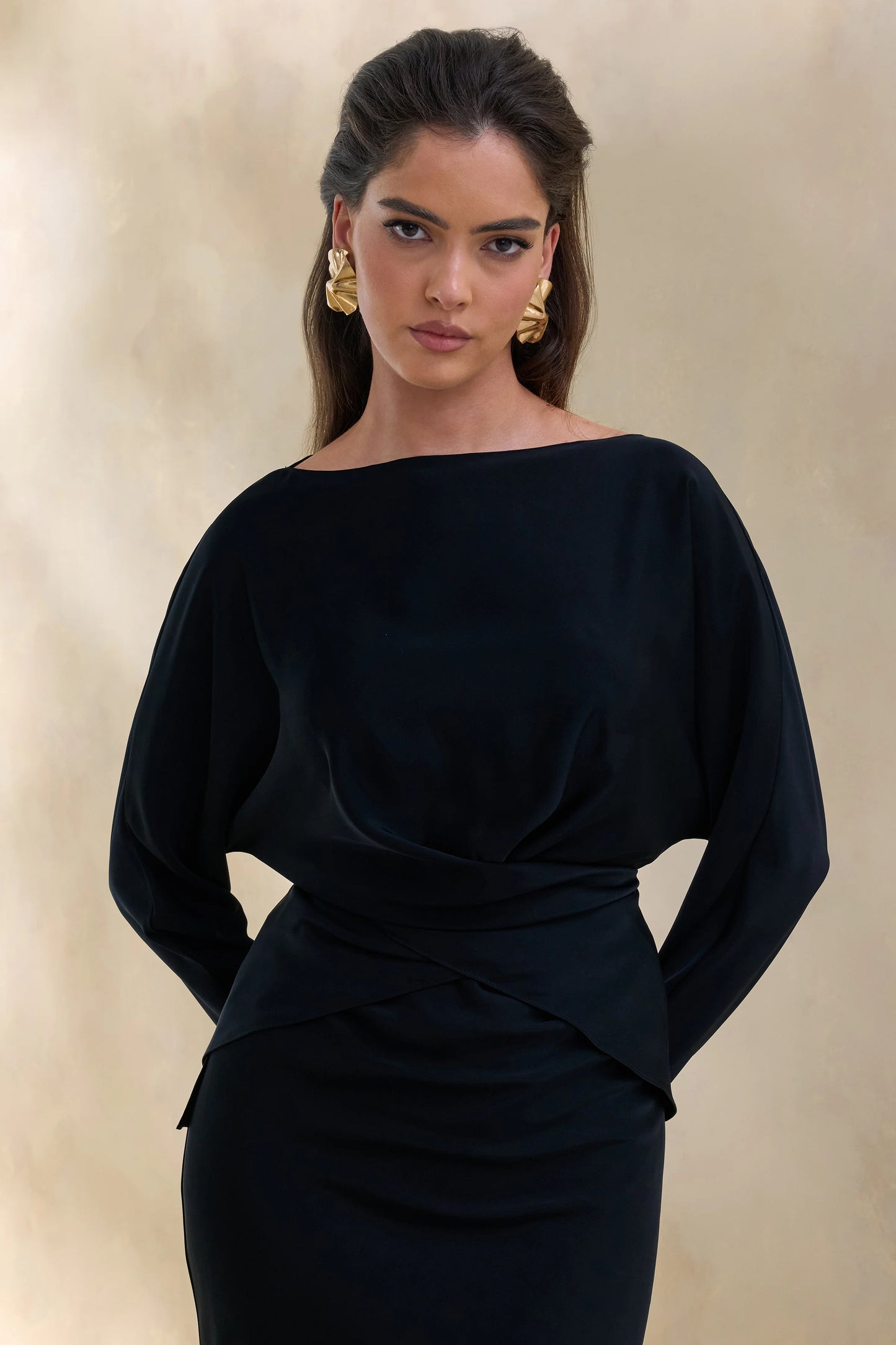 Miravia Black Satin Wide-Neck Long-Sleeve Top