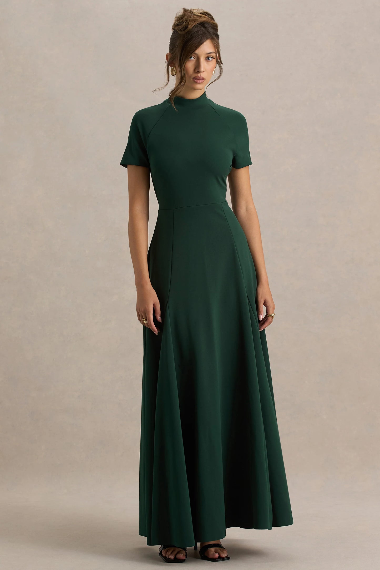 Alea Dark Green High-Neck Short-Sleeve Maxi Dress