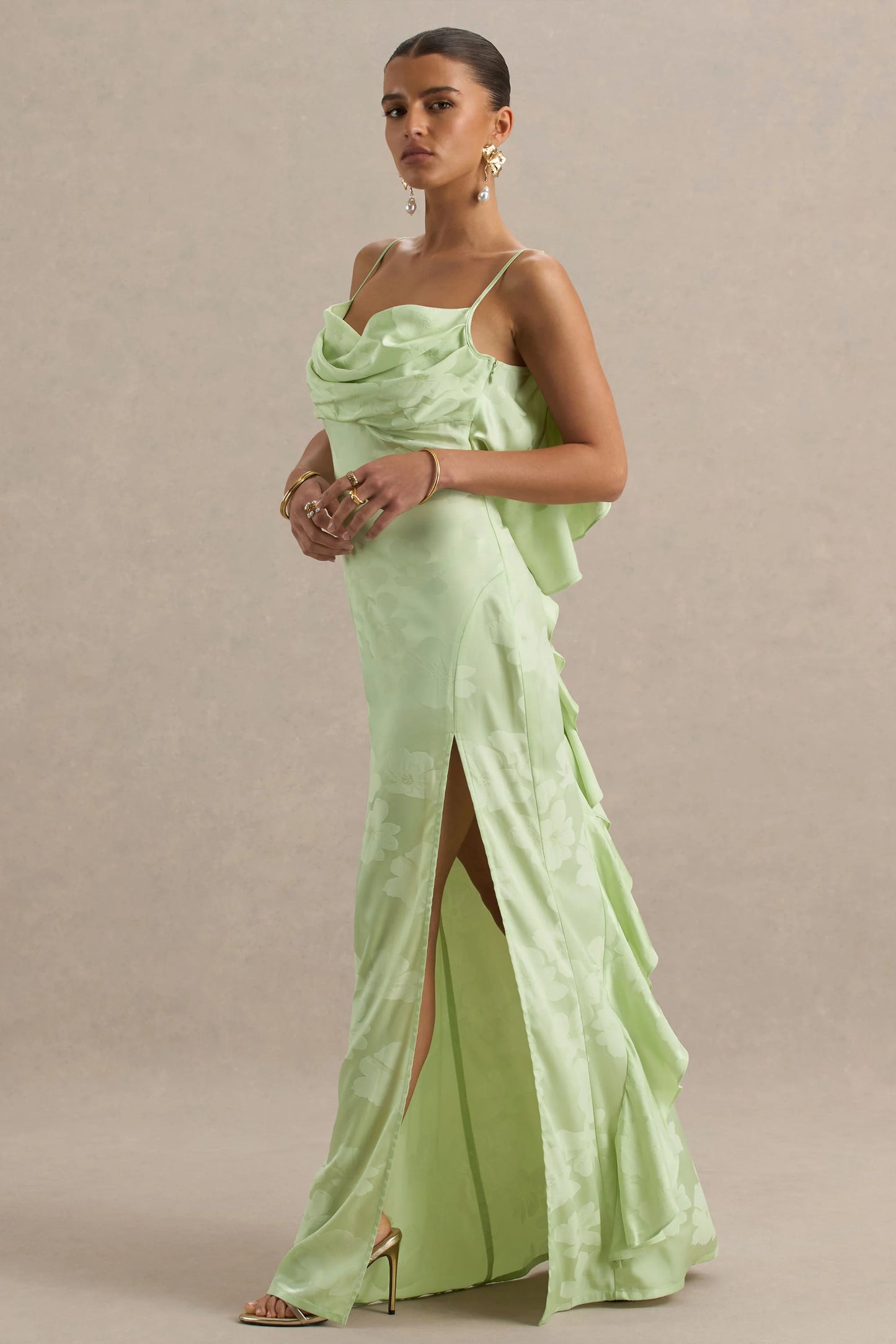 Maddie Light Green Floral Print Satin Cowl-Neck Maxi Dress
