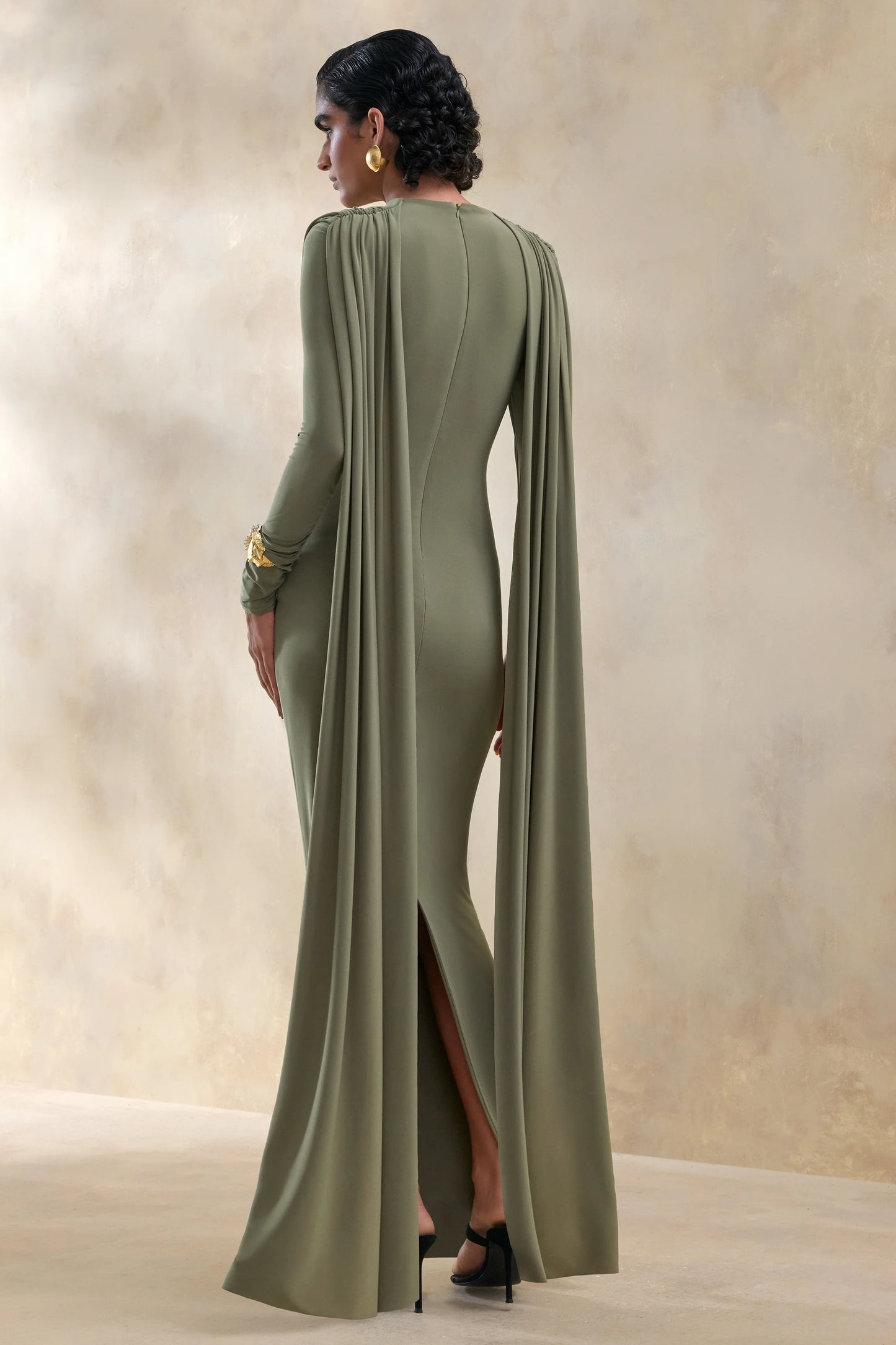 Lysoria Olive High-Neck Maxi Dress With Draped-Detailing And Cape-Sleeves