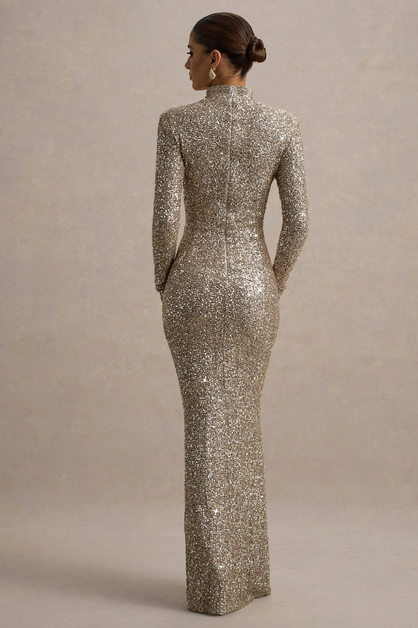 Galaxy Champagne Sequin Turtle-Neck Long-Sleeve Maxi Dress