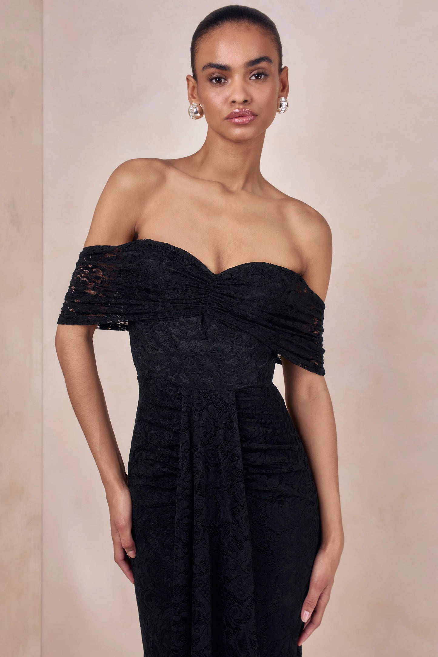 Aries Black Lace Bardot-Neck Maxi Dress With Gathered Detailing