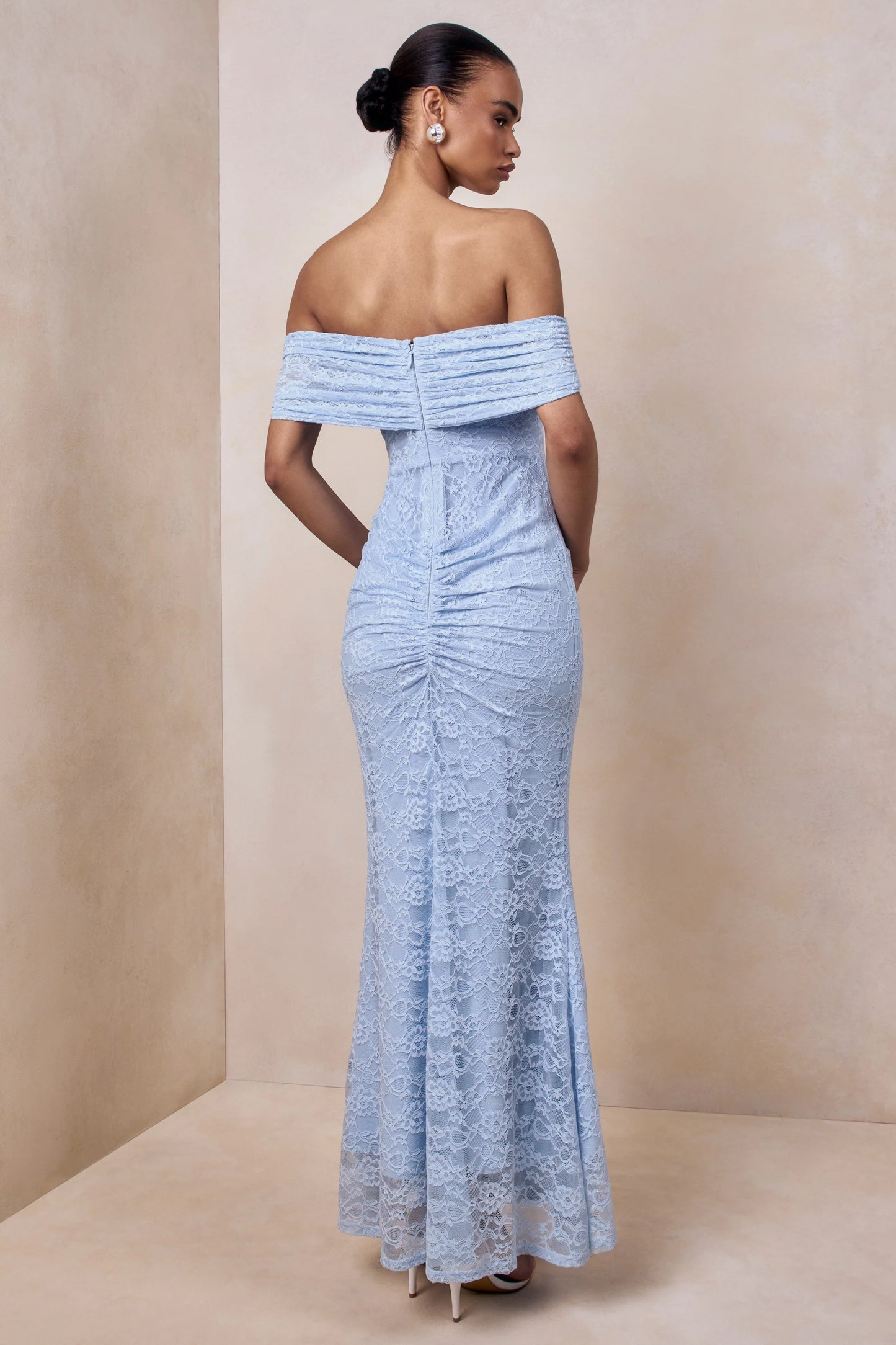 Elinor Powder Blue Lace Bardot-Neck Maxi Dress With Gathered-Detailing