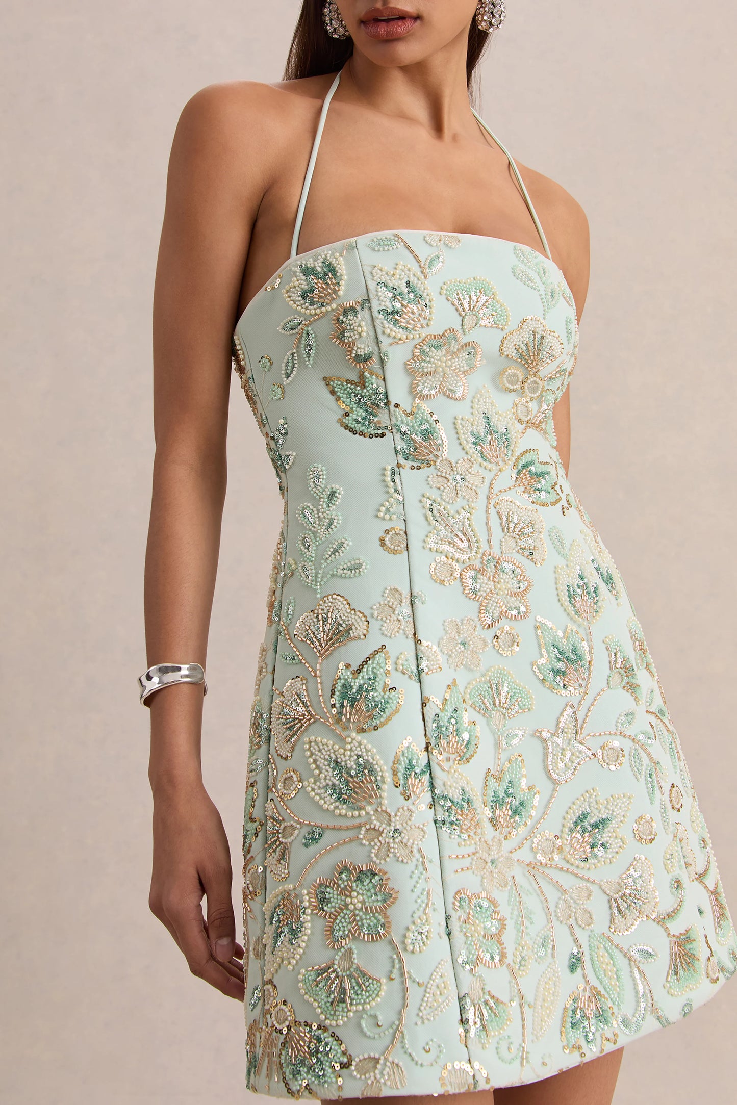 Brianna Mint Floral Embellished Square-Neck Mini Dress