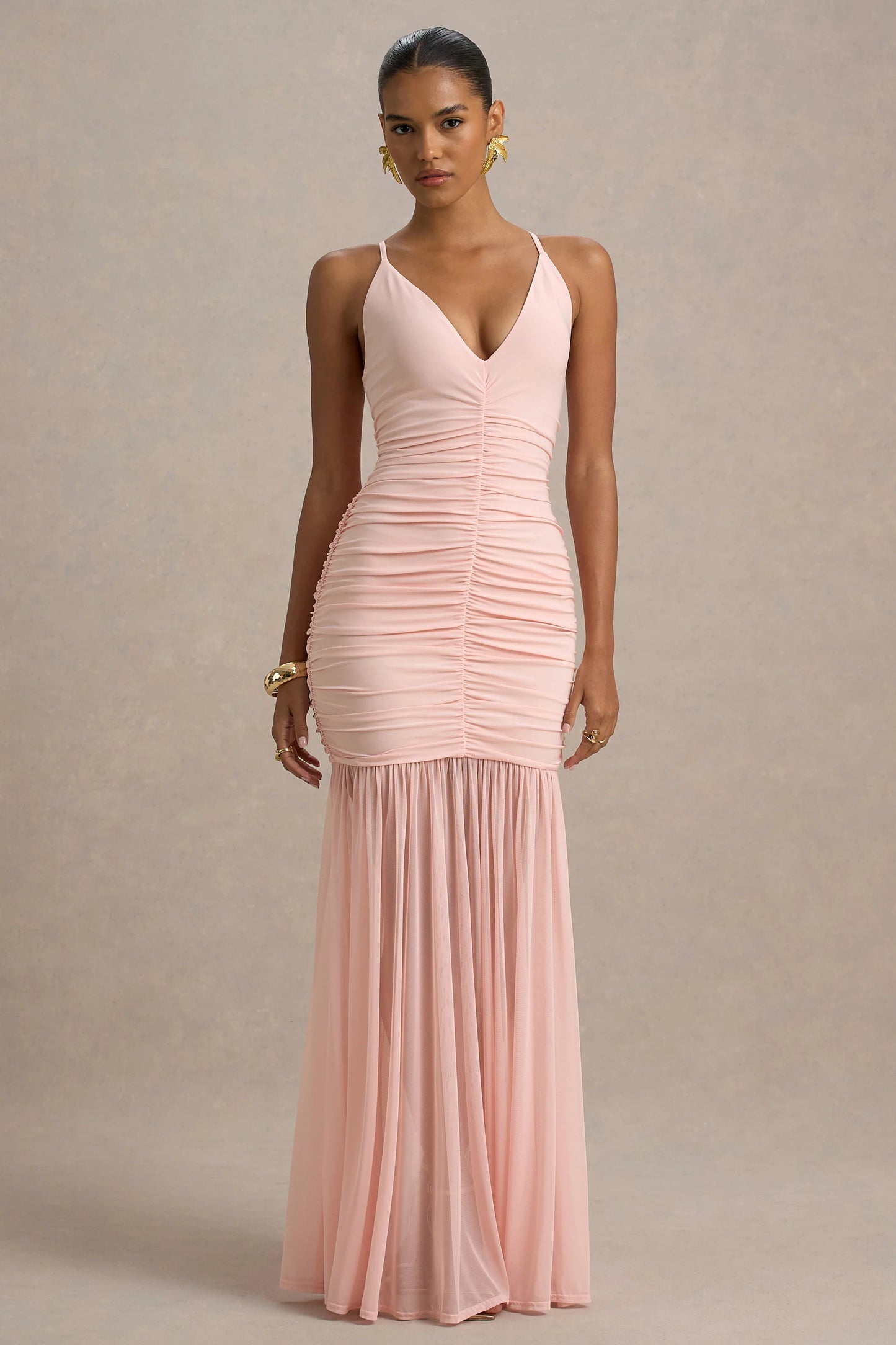 Pasqualina Pink Ruched Plunge-Neck Maxi Dress