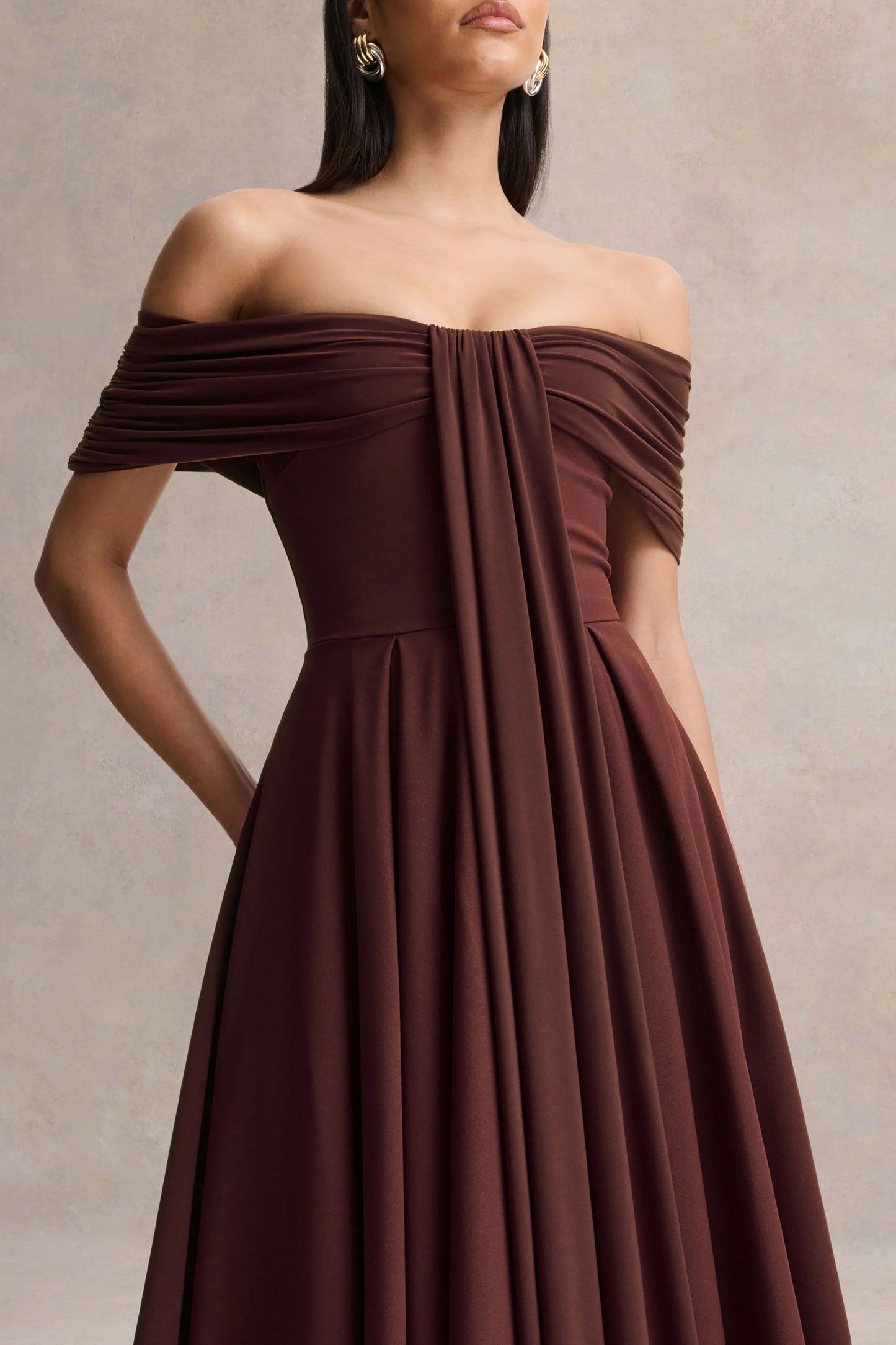 Dearest Brown Bardot-Neck Midi Dress