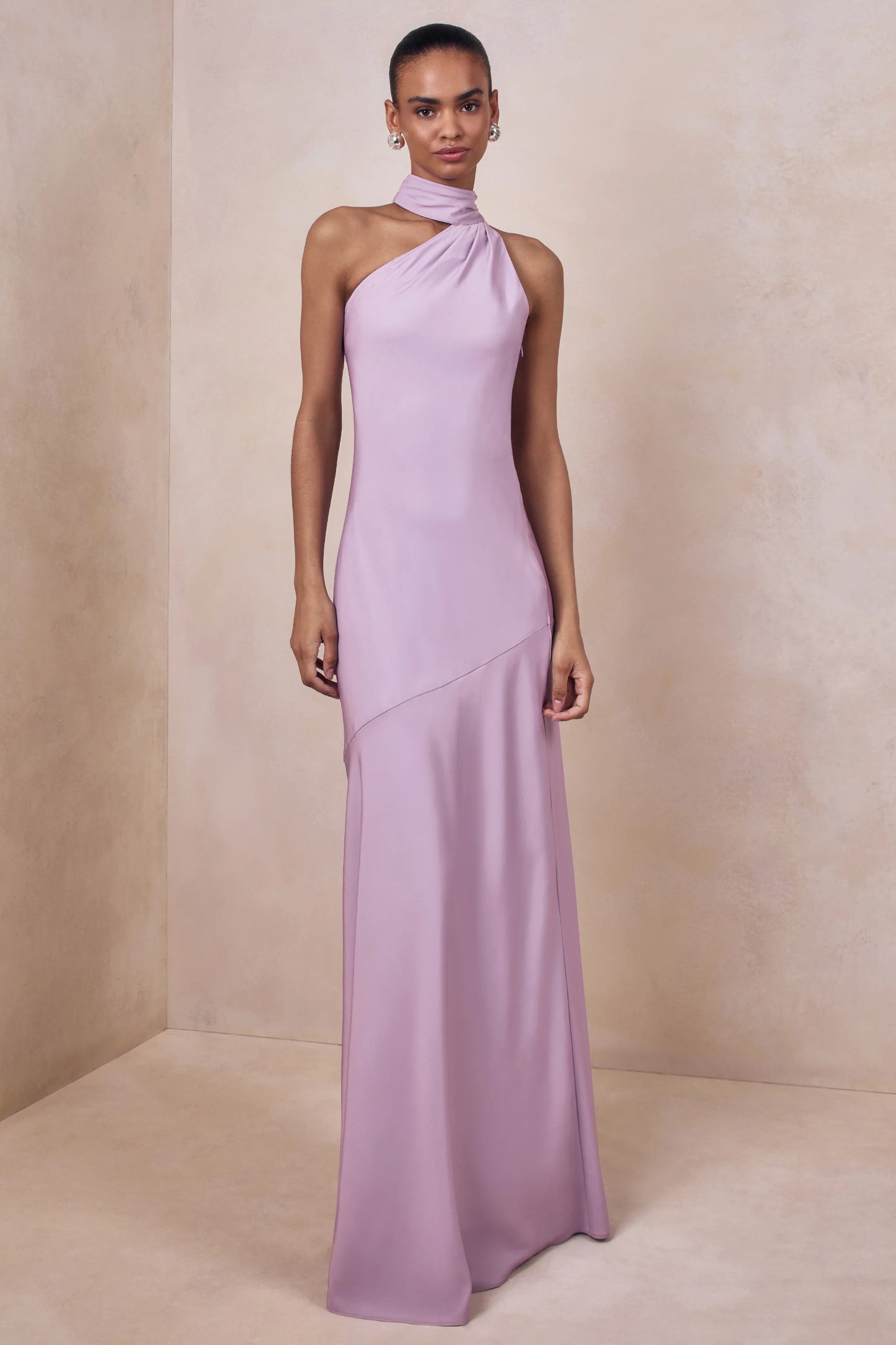 Cara Lilac Matte Satin High-Neck Maxi Dress