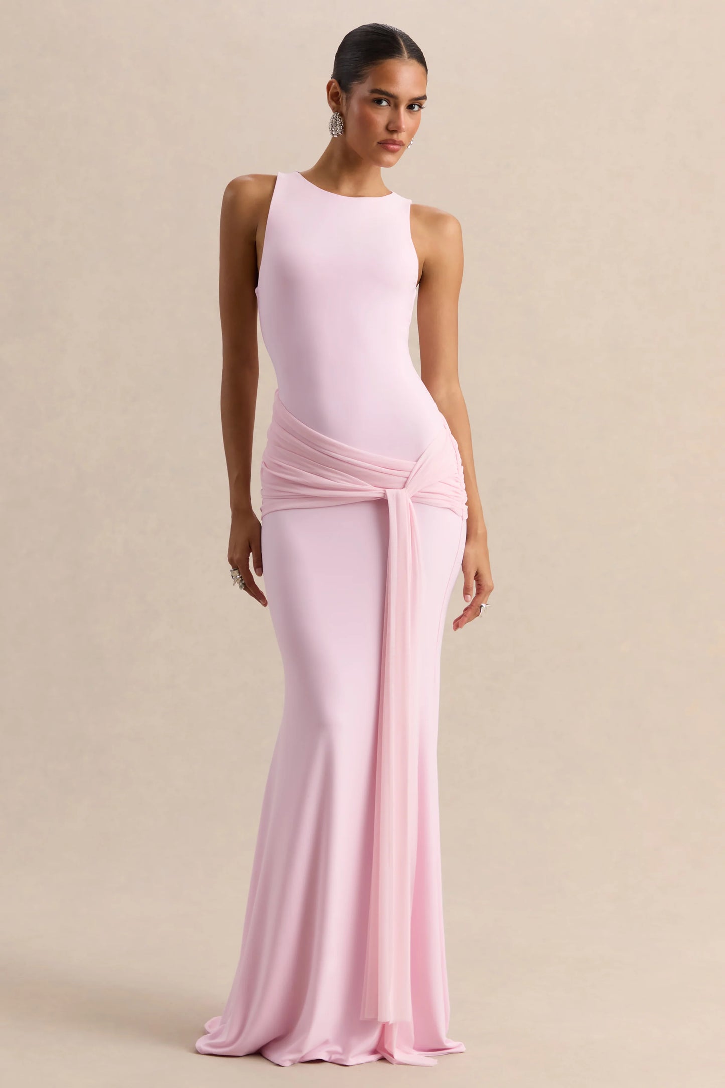 Mirene Light Pink Round-Neck Maxi-Dress With Gathered-Detailing And Sash