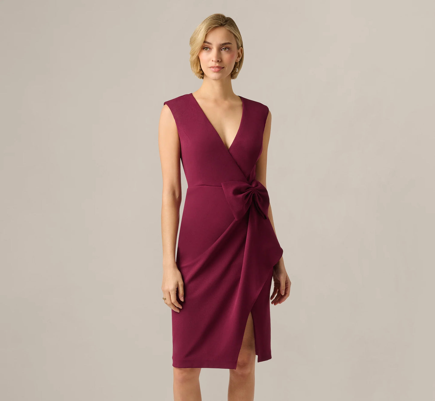 Bow Accent Stretch Wrap Dress In Cabernet