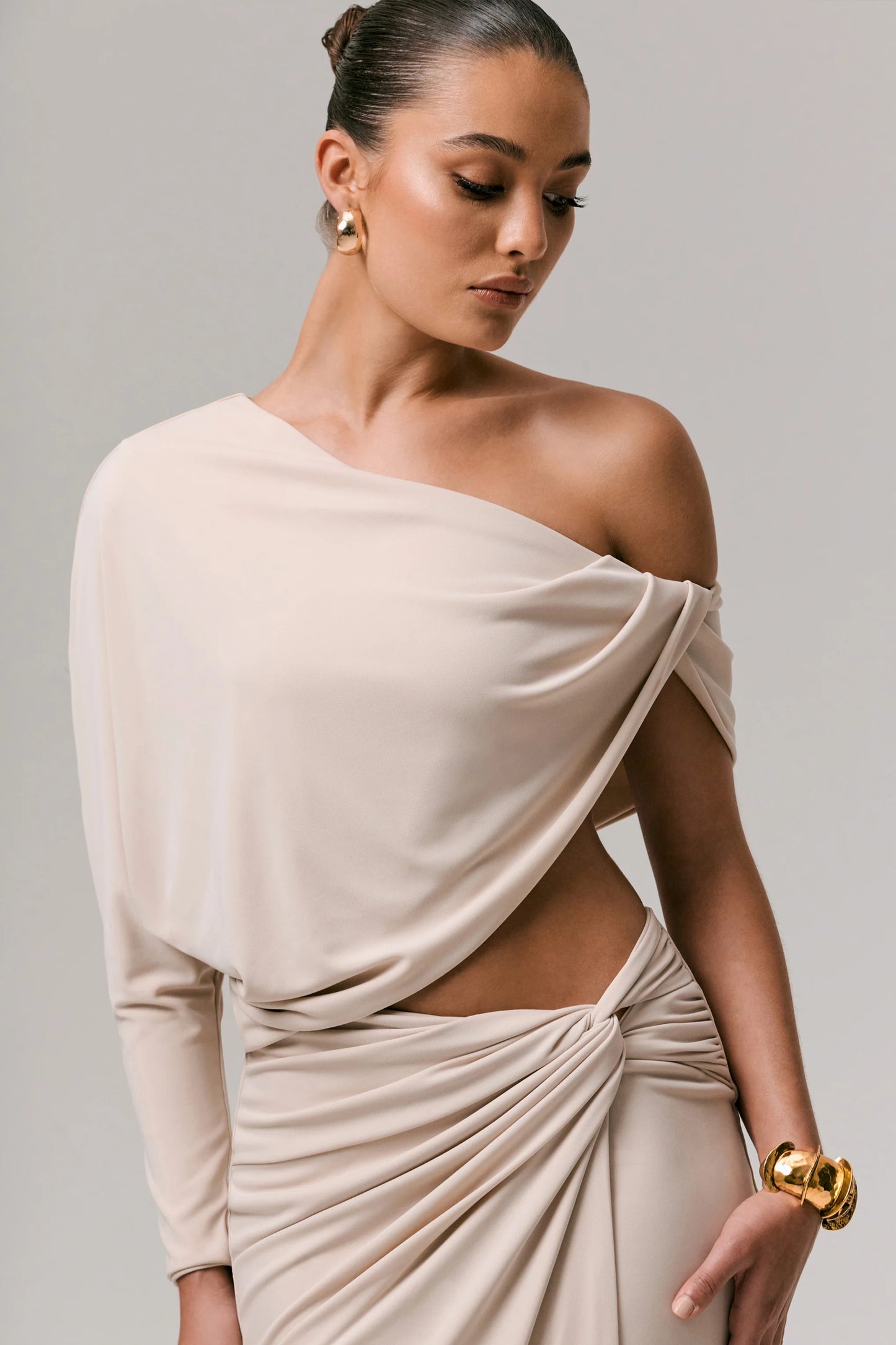 Dua Stone Asymmetric One-Sleeve Draped Top