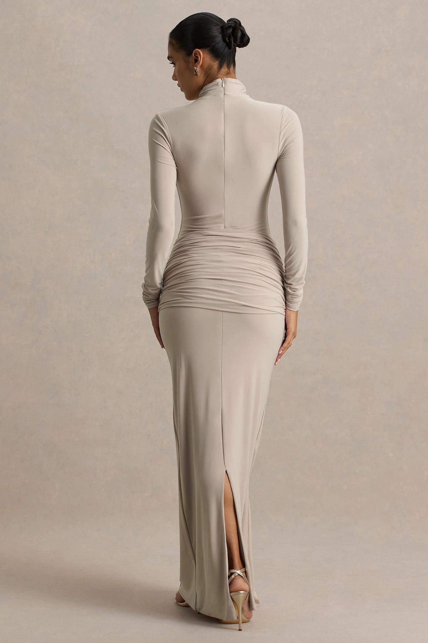Myra Champagne High-Neck Maxi Dress With Sash and Ruched Detailing