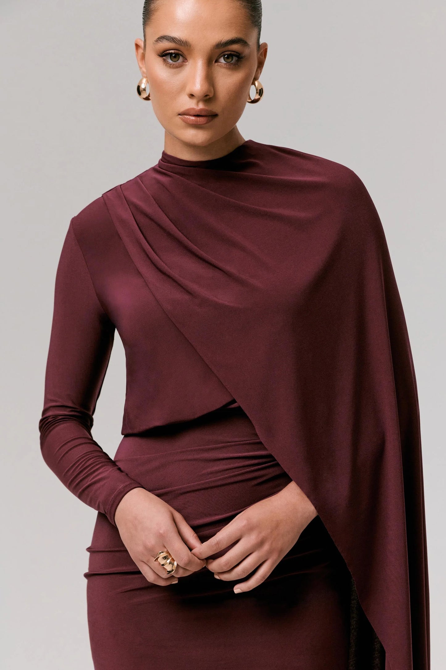 Celeste Burgundy Long-Sleeve Mini Dress With Cape Sleeve