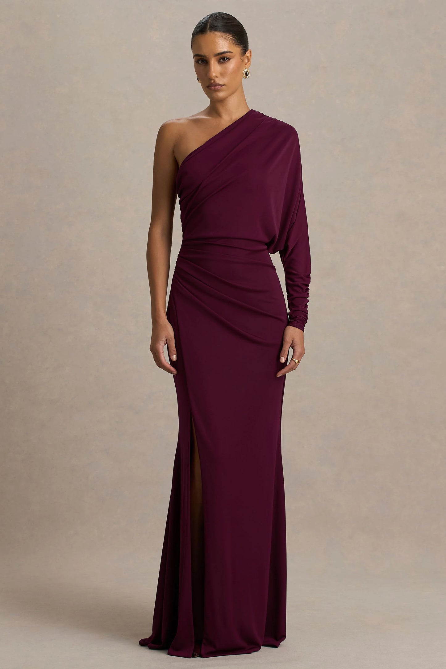 Lola Burgundy Asymmetric-Neck Maxi Dress With Ruched Detailing And Front High-Split