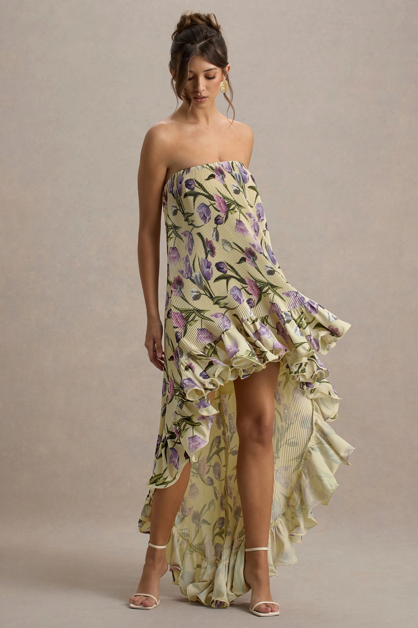 Whistler Tulip Floral Print Chiffon Bandeau High-Low Ruffled Maxi Dress