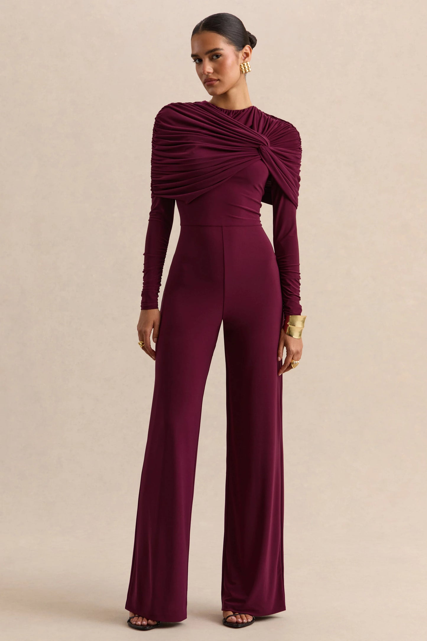 Eloura Burgundy High-Neck Jumpsuit With Twist-Gathered Detail